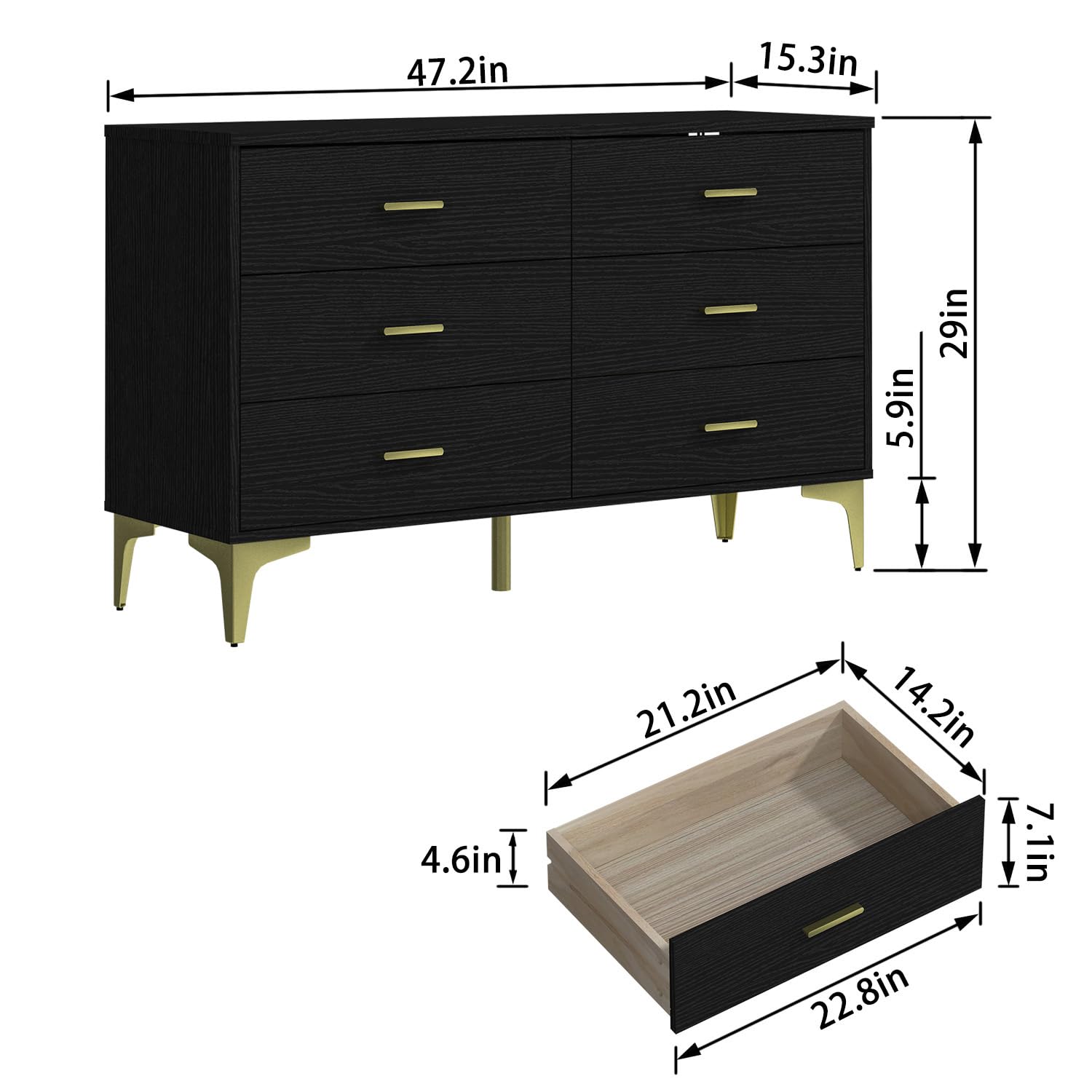 Modern 6-Drawer Wooden Dresser - Solid Wood Lateral Chest of Drawers with Wide Storage Drawers & Gold Metal Handles for Bedroom, Living Room, Hallway | Perfect for Closet Organization, Home Decor, and Entryway Storage