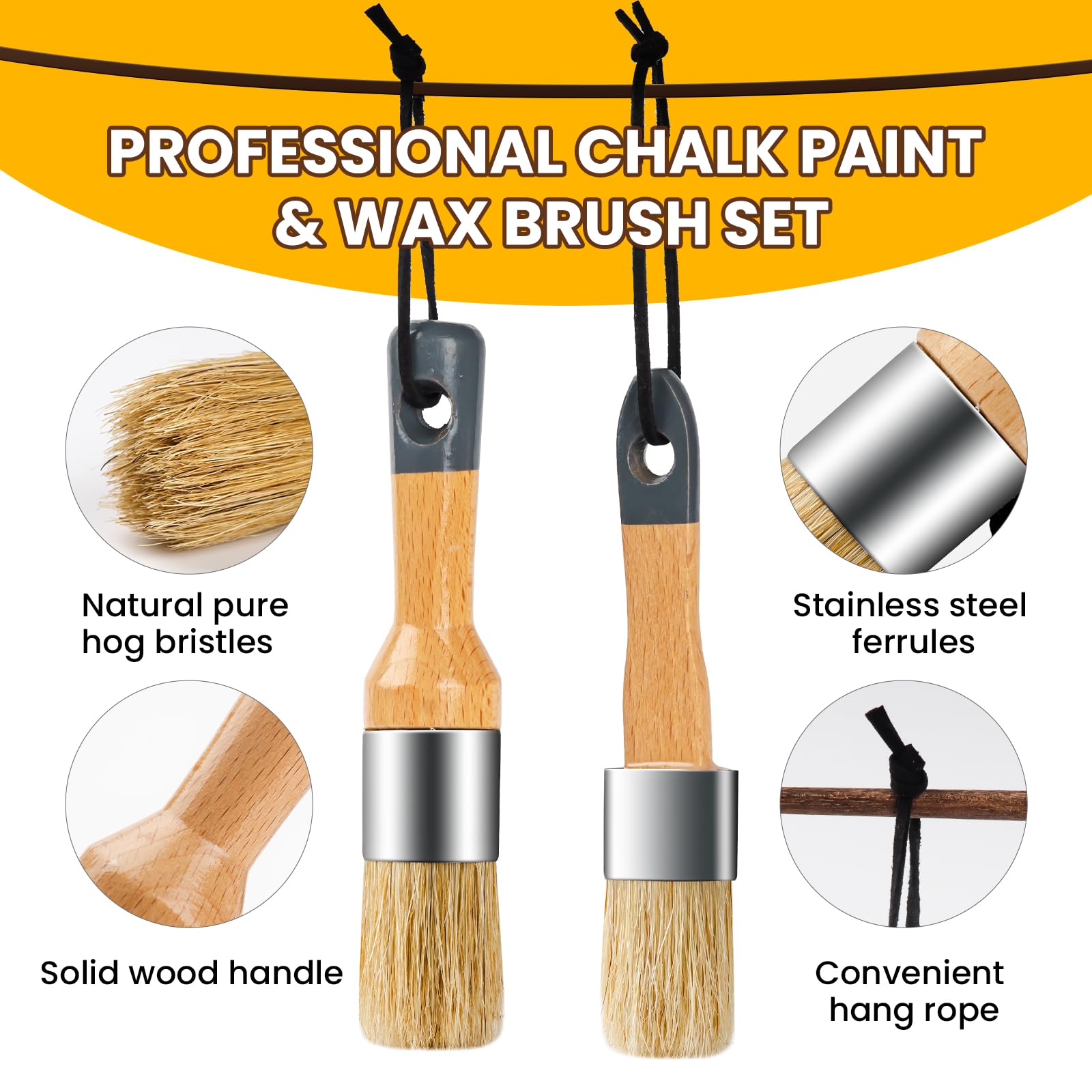 2 Pack Natural Bristle Chalk Paint Brushes & Wax Brushes for Furniture DIY, Art & Crafts - Round Oval Paint Brush for All Painting & Waxing Projects - Perfect for Furniture Makeovers, Home Decor & Creative Painting
