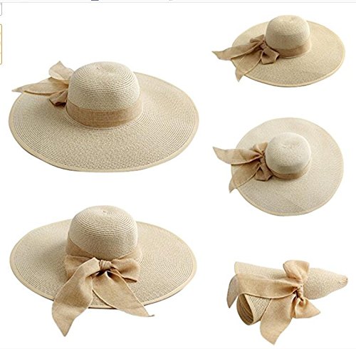 1Pcs Women's Sun Straw Hat Wide Brim Big Bowknot Beach Cap Floppy Foldable Sun Hat (Beige) - Perfect for Beach Vacations, Pool Parties, Summer Outings and Outdoor Activities