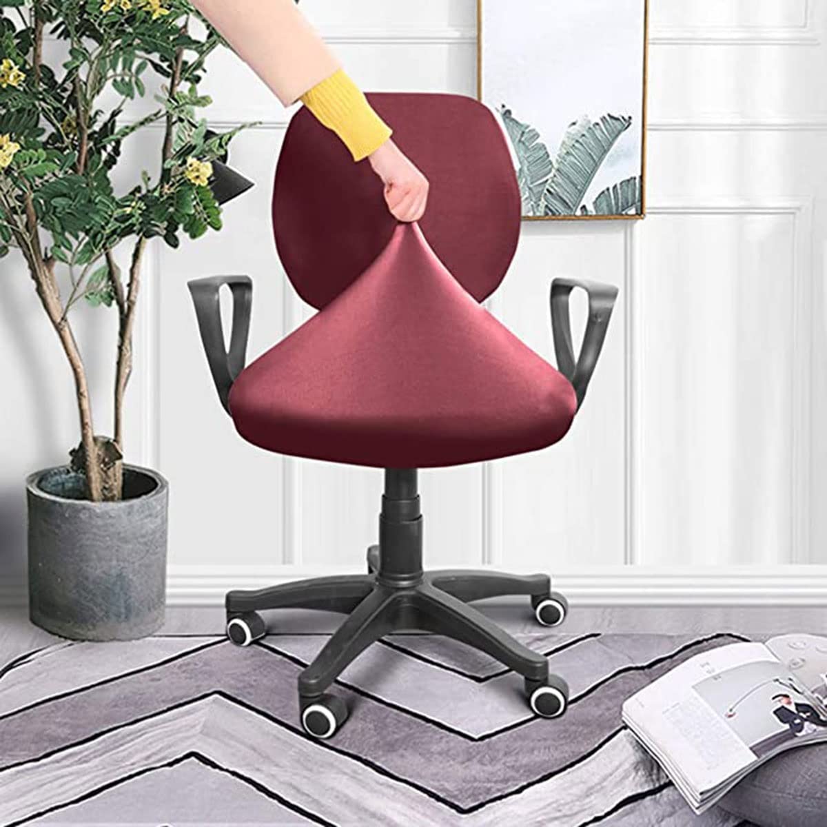 Split Rotating Desk Chair Seat Slipcover - Removable Stretch Office Chair Cover - Polyester Elastic Computer Chair Protector for Swivel & Armrest Chairs (Wine Red) - Perfect for Home Office, Gaming & Workspace Comfort