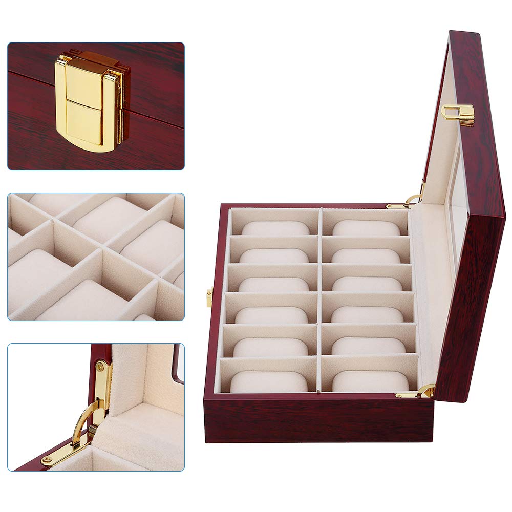 Uten 12-Slot Wooden Watch Box with Removable Pillows & Metal Clasp - Luxury Watch Organizer for Men & Women - Perfect for Watch Collection Storage, Travel, and Gift Giving