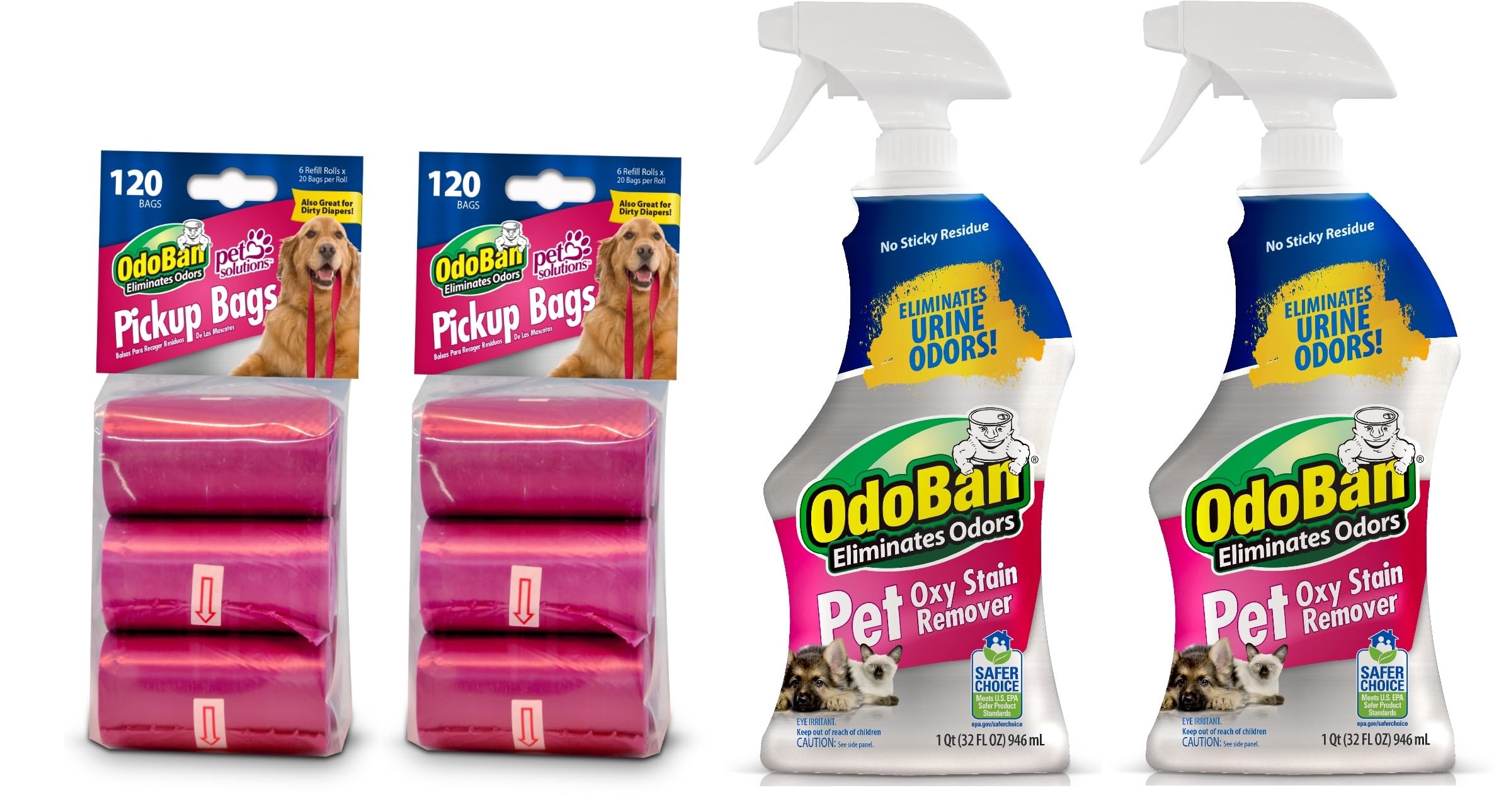 OdoBan Pet Solutions Oxy Stain Remover Spray (32 oz, 2-Pack) & Dog Waste Pickup Bags (240 Count) – Odor Eliminator & Cleanup for Pets – Perfect for Home, Yard & Travel Use