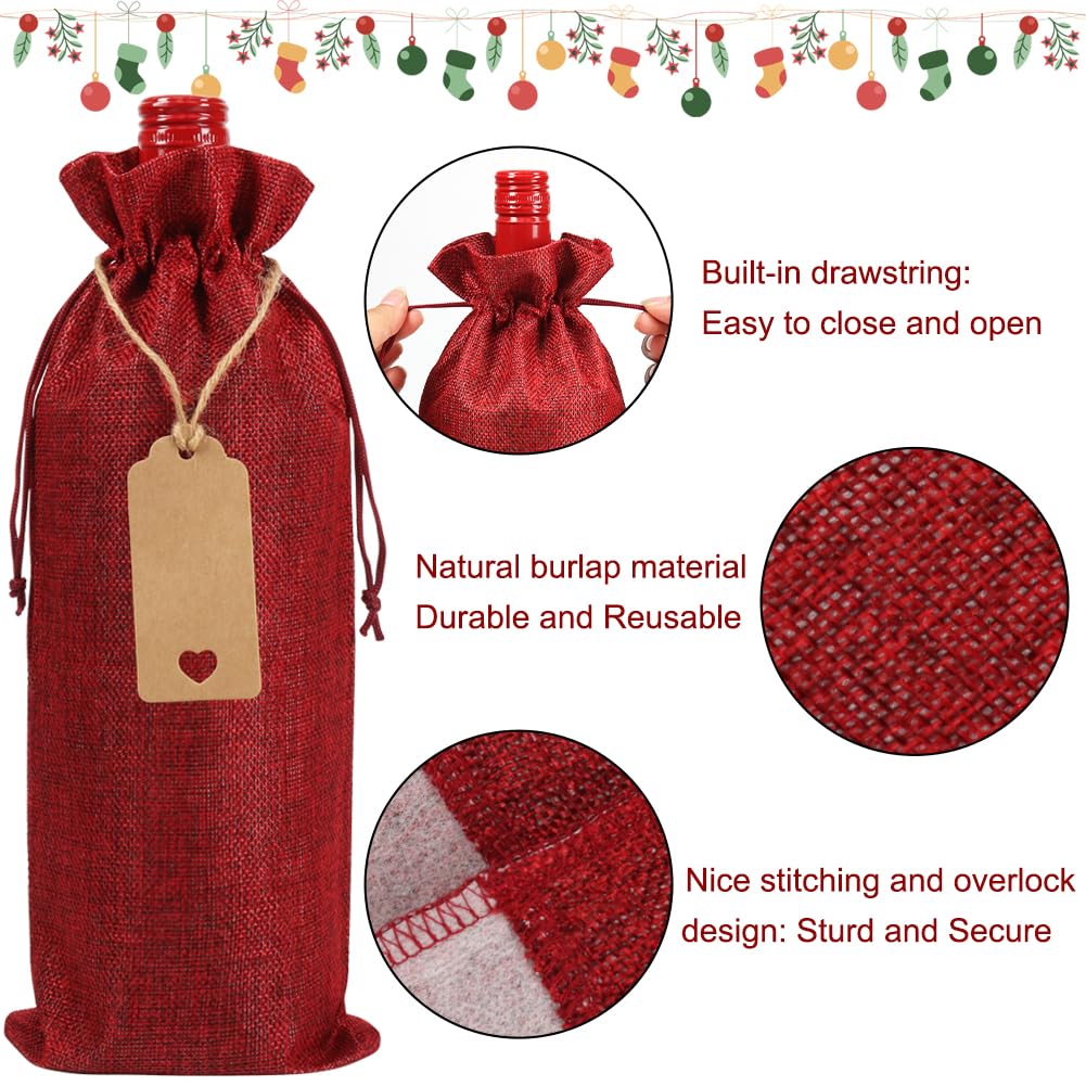 Shintop 12-Piece Reusable Burlap Wine Gift Bags with Drawstring - Eco-Friendly Christmas, Wedding, Birthday & Blind Tasting Bottle Bags (Brown & Red) - Perfect for Holiday Gifting, Party Favors & Wine Tasting Events