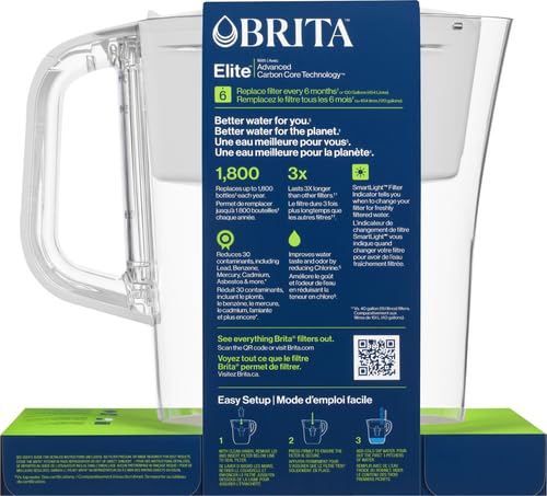 Brita Small 6 Cup Denali Water Filter Pitcher with 1 Brita Elite Filter - BPA-Free White Water Filtration System for Clean Drinking Water at Home, Office or Travel