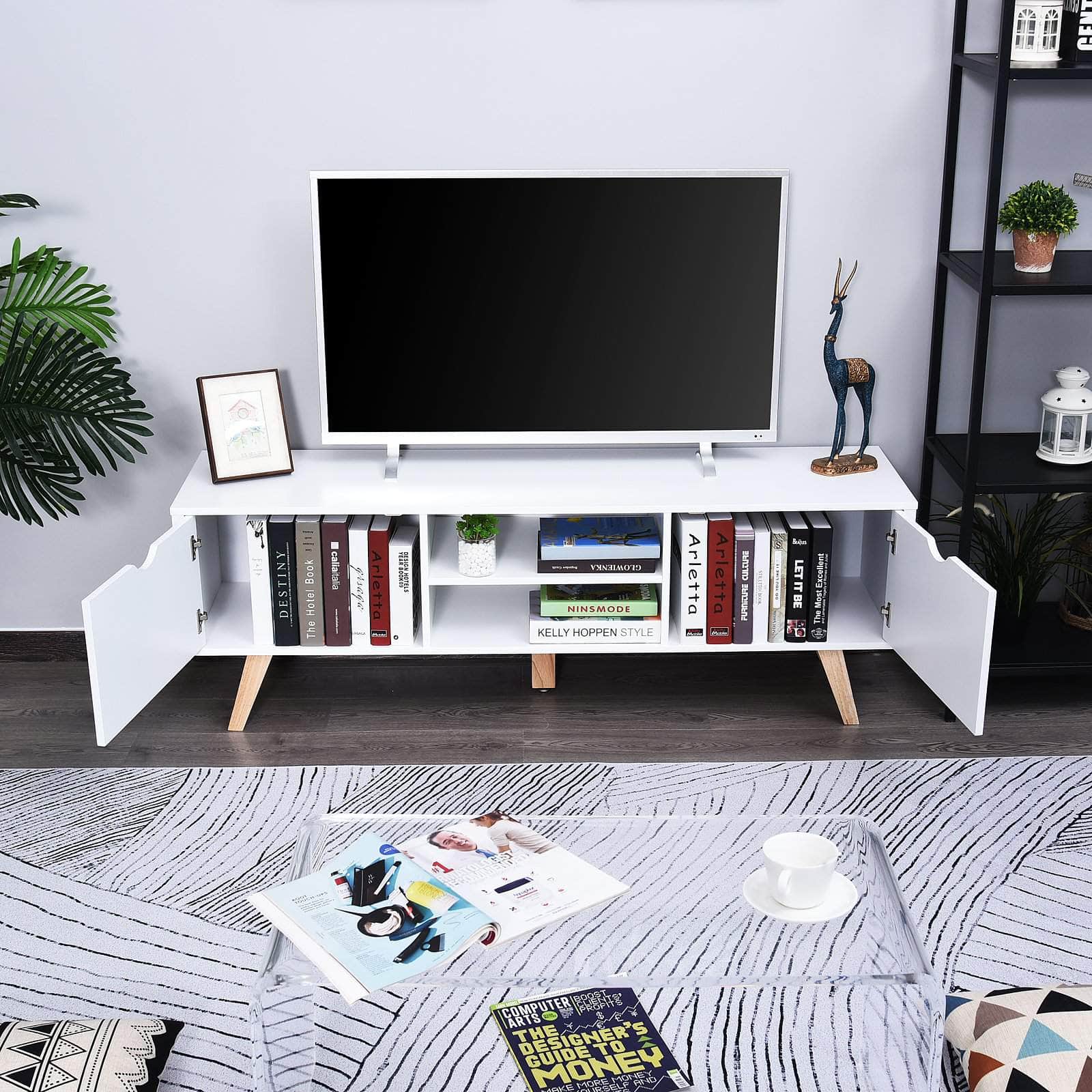 White TV Stand with 2 Cabinets & Shelves - Modern Entertainment Center for Living Room & Home Theater Setup