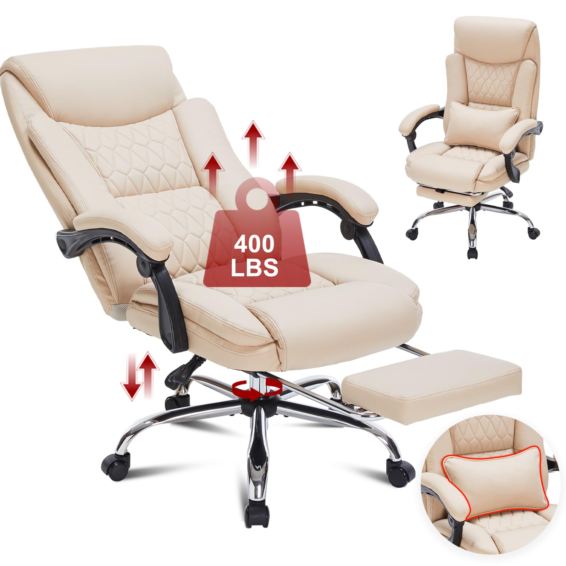 400lbs Heavy Duty Executive Office Chair with Footrest - Big & Tall Ergonomic Reclining Chair for Home Office - Comfortable Desk Chair for Heavy People (Khaki) - Perfect for Long Work Hours & Back Support