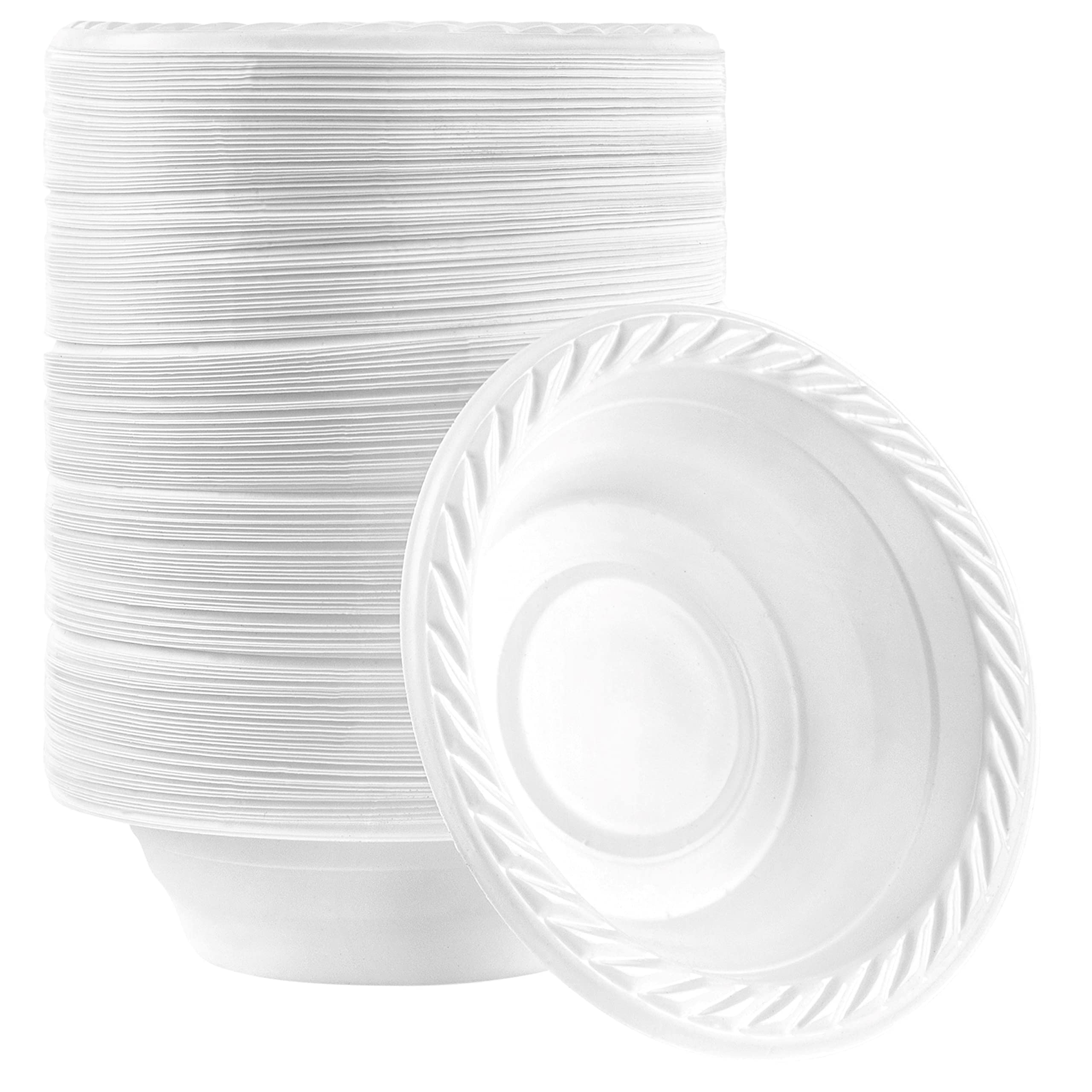 Plasticpro 5 oz Round Plastic Dessert Bowls - Microwave Safe & Disposable White Dinnerware (200 Count) - Perfect for Parties, Picnics, Catering & Home Use