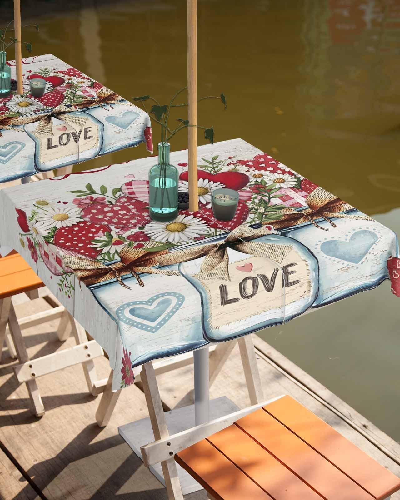 Valentine's Day Waterproof Spillproof Tablecloth with Umbrella Hole & Zipper - Romantic Daisy Print Outdoor Dining Table Cover for Picnic, Patio, Party & Dinner - Fits Rectangle Tables with Vase & Heart Decorations - Perfect for Romantic Dates, Garden Parties & Outdoor Celebrations