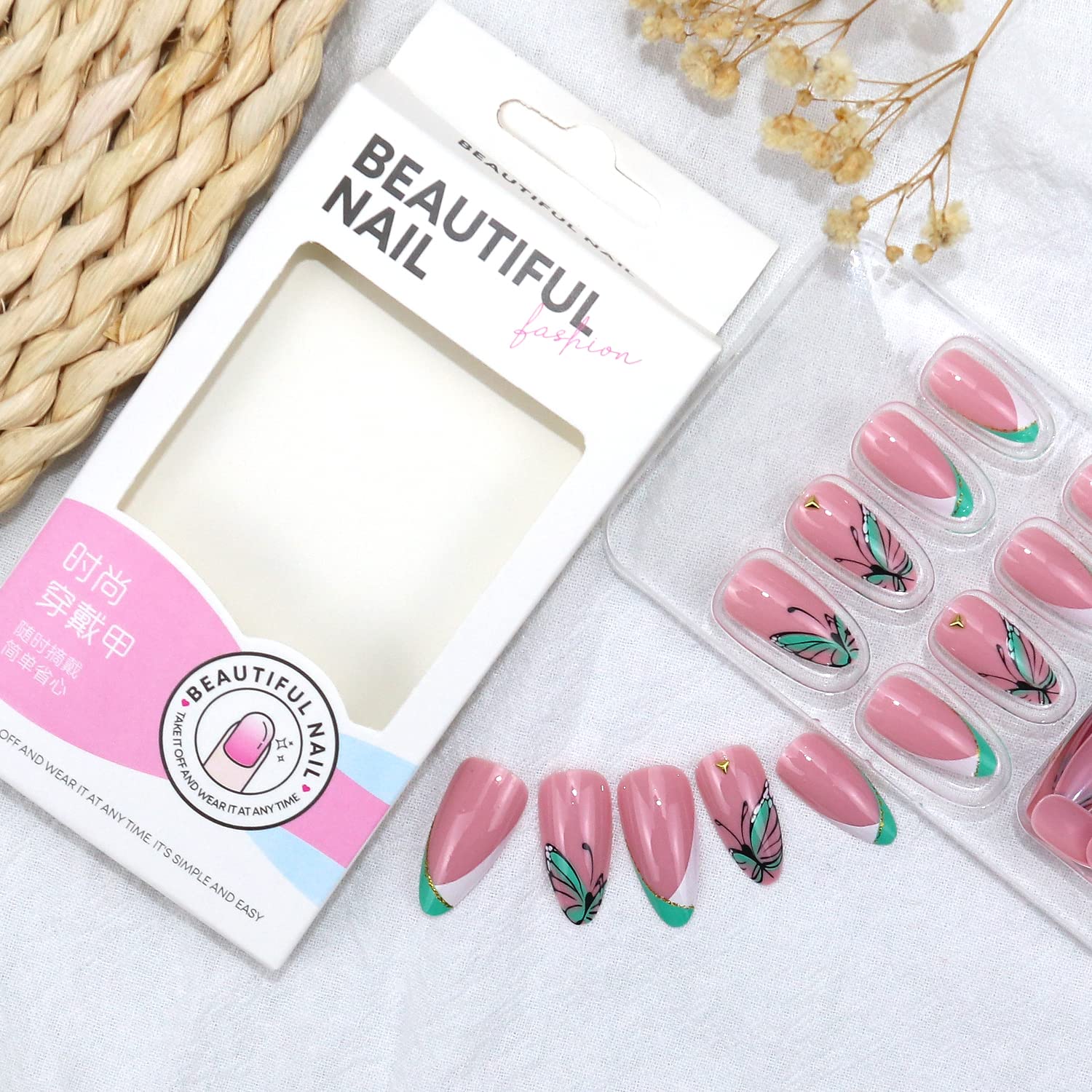 Butterfly Press on Nails - Almond Medium Length Fake Nails with French U-Shaped White Green Acrylic Design & Rhinestones - 24Pcs Full Cover Glue on Nails for Women & Girls - Perfect for Parties, Weddings, and Special Occasions