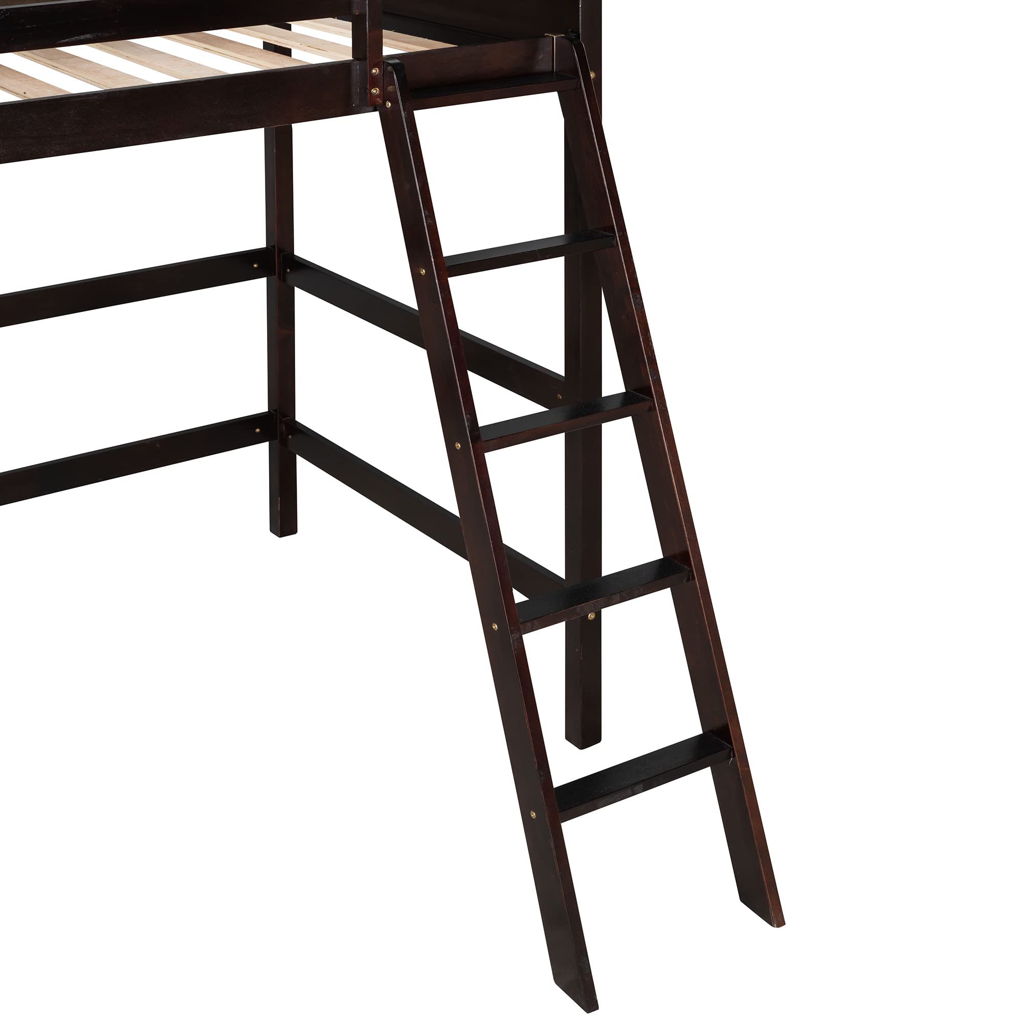 P PURLOVE Twin Loft Bed Frame with Angled Ladder - Solid Wood Loft Bed for Kids & Teens (Espresso Finish) - Space-Saving Bedroom Solution for Small Rooms & Dormitories