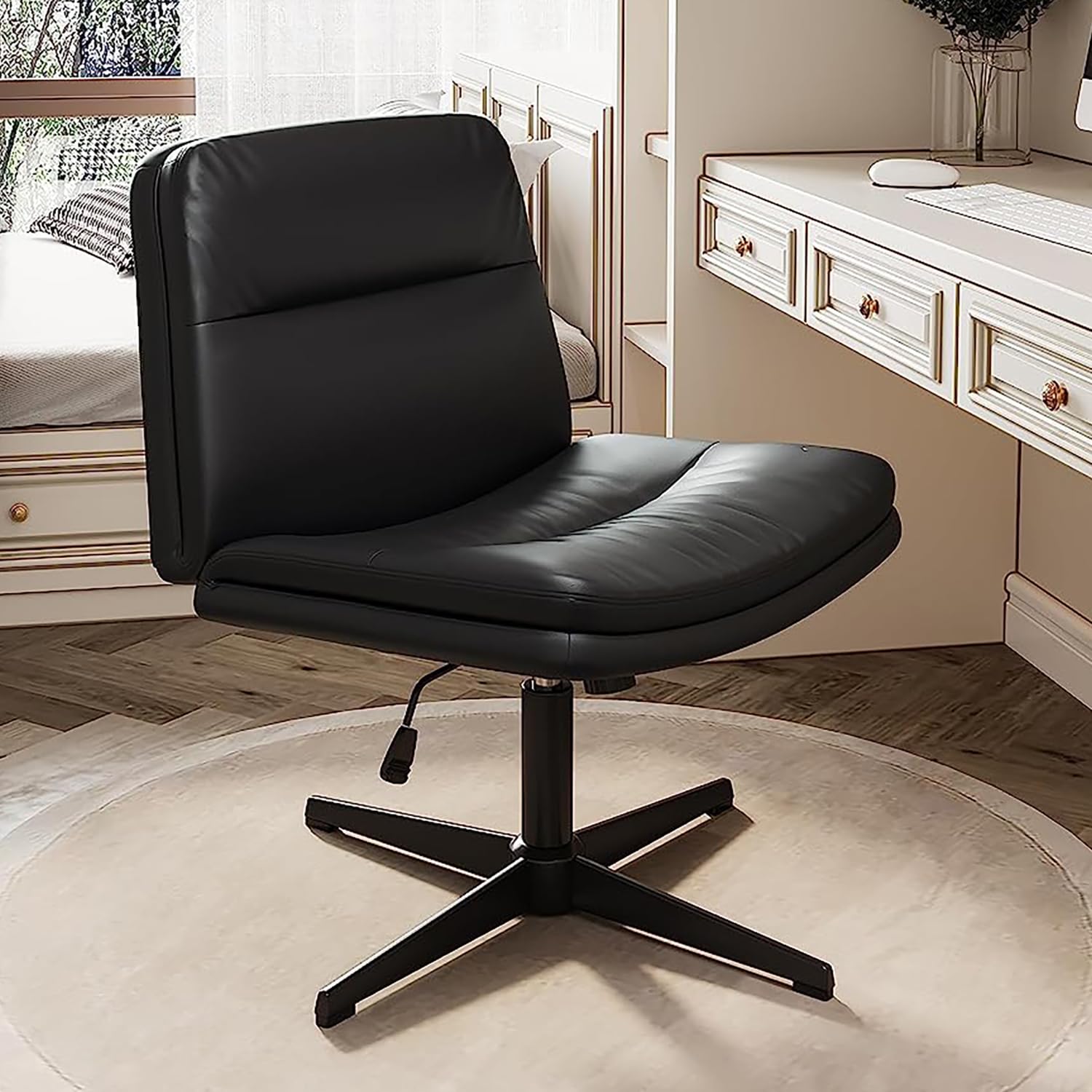 Ergonomic Cross Legged Office Chair - Armless Criss Cross Design with Wide Seat, No Wheels & Swivel Base for Home Office, Bedroom, or Vanity | Perfect for Meditation, Reading & Working Comfortably (Black)