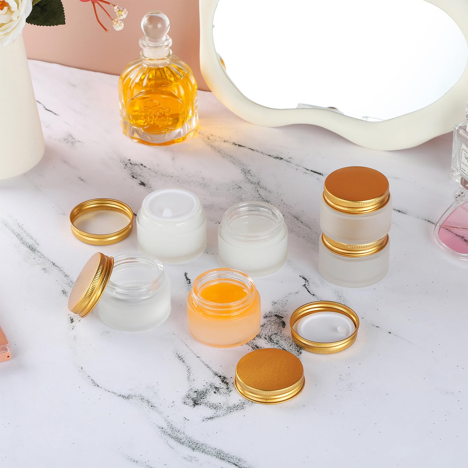 12-Pack 1oz Glass Jars with Golden Lids - Frosted Cosmetic Containers with Inner Liners & Labels - Small Jars for Eye Cream, Lotion, Scrub (Perfect for DIY Beauty Products, Travel Toiletries & Skincare Storage)