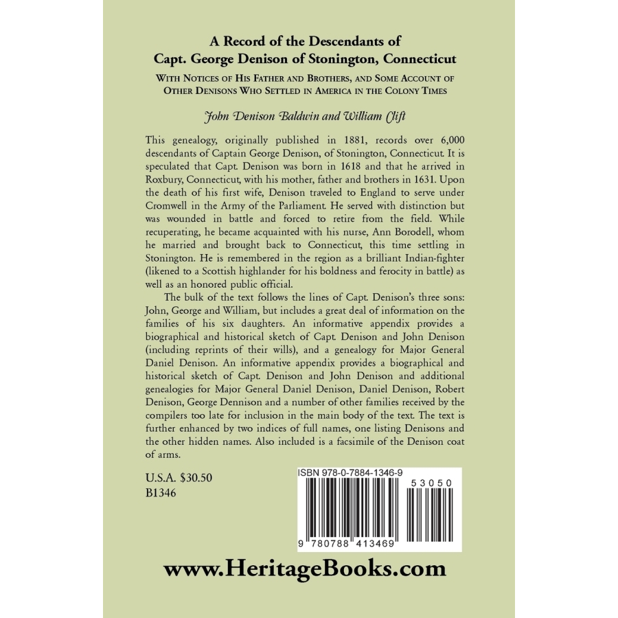 Genealogy Book: A Record of the Descendants of Captain George Denison of Stonington, Connecticut - Perfect for Family History Research & American Ancestry Studies