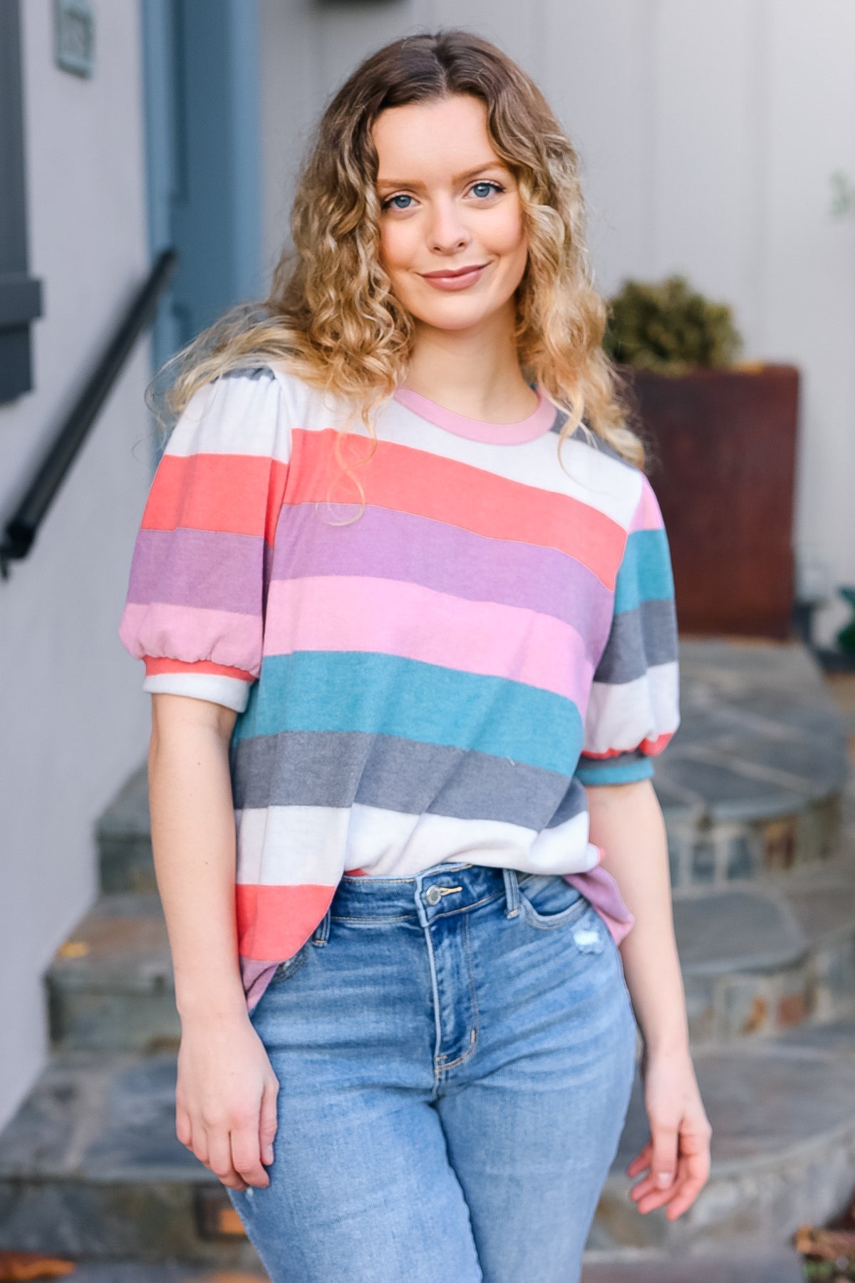 Look Out Teal & Rose Striped Hacci Knit Puff Sleeve Top | Women's Fashion Casual Blouse | Perfect for Date Night, Office Wear & Spring Outfits
