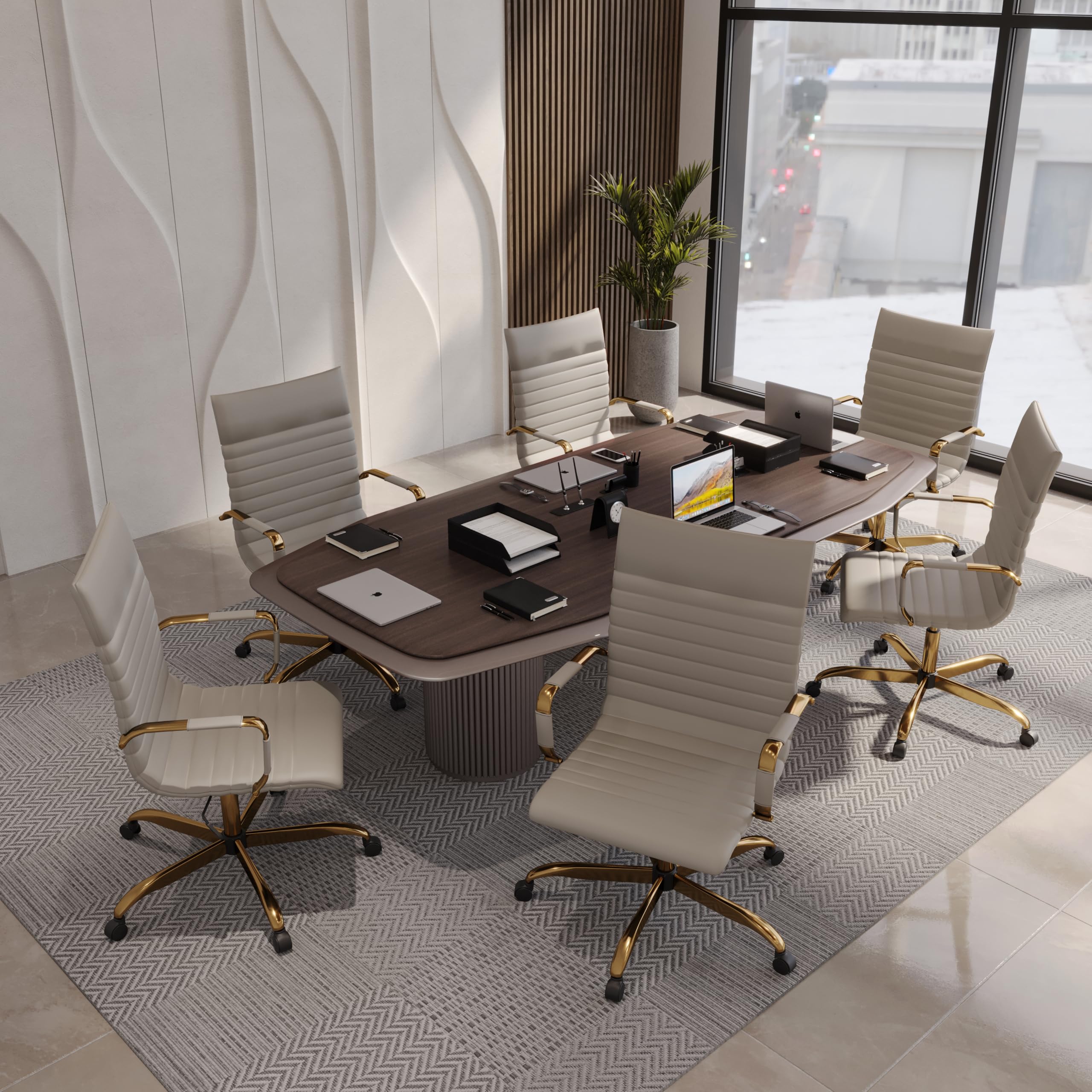 LeisureMod Harris High-Back Office Chair - Modern Leather Executive Chair with Gold Frame & 360 Swivel, Ergonomic Ribbed Design for Home Office, Study & Workspace | Perfect for Long Work Hours & Video Conferencing