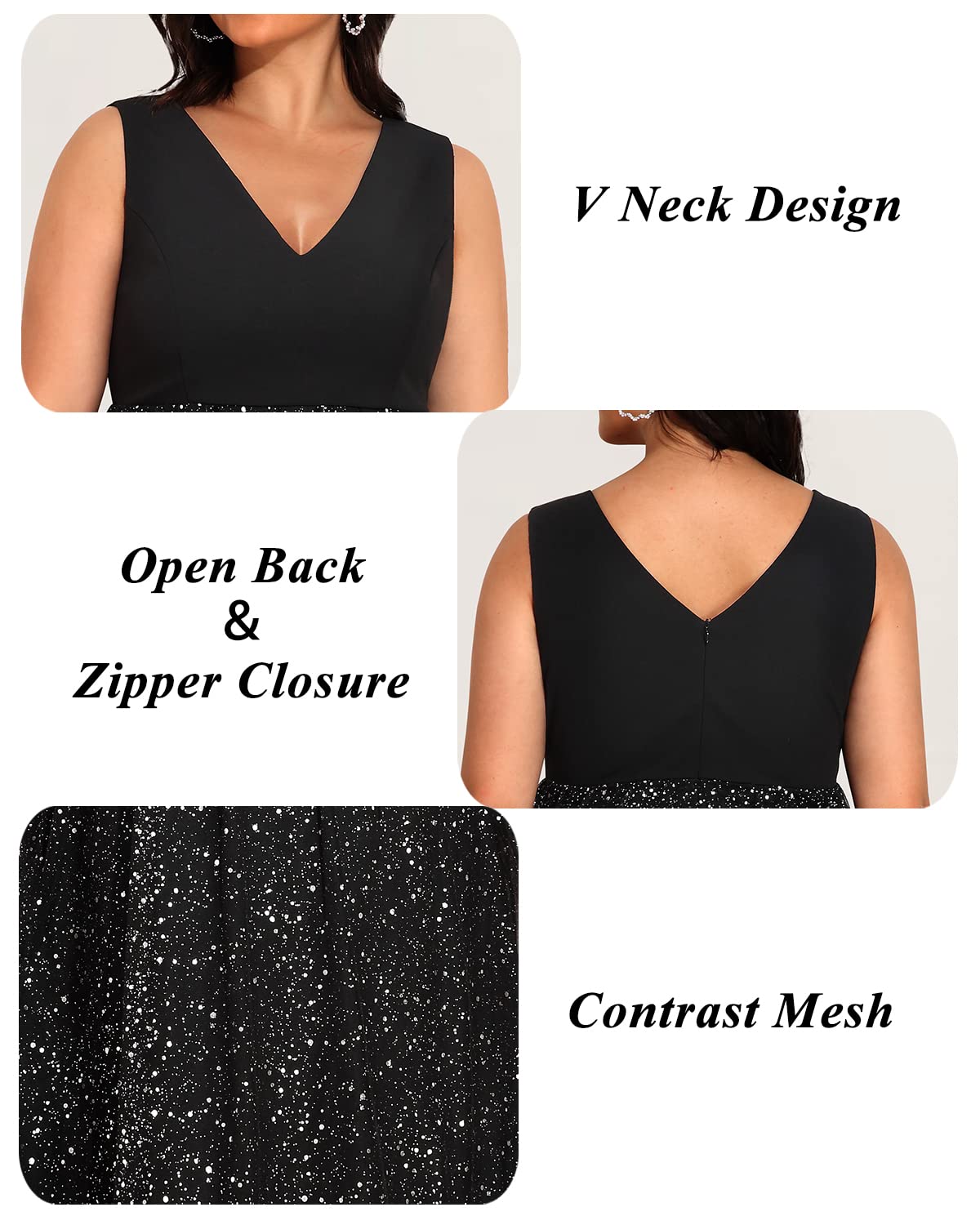 Plus Size V-Neck Sleeveless Evening Dress for Women - Elegant Contrast Mesh Wedding Guest Midi Dress | Perfect for Cocktail Parties, Formal Events & Special Occasions