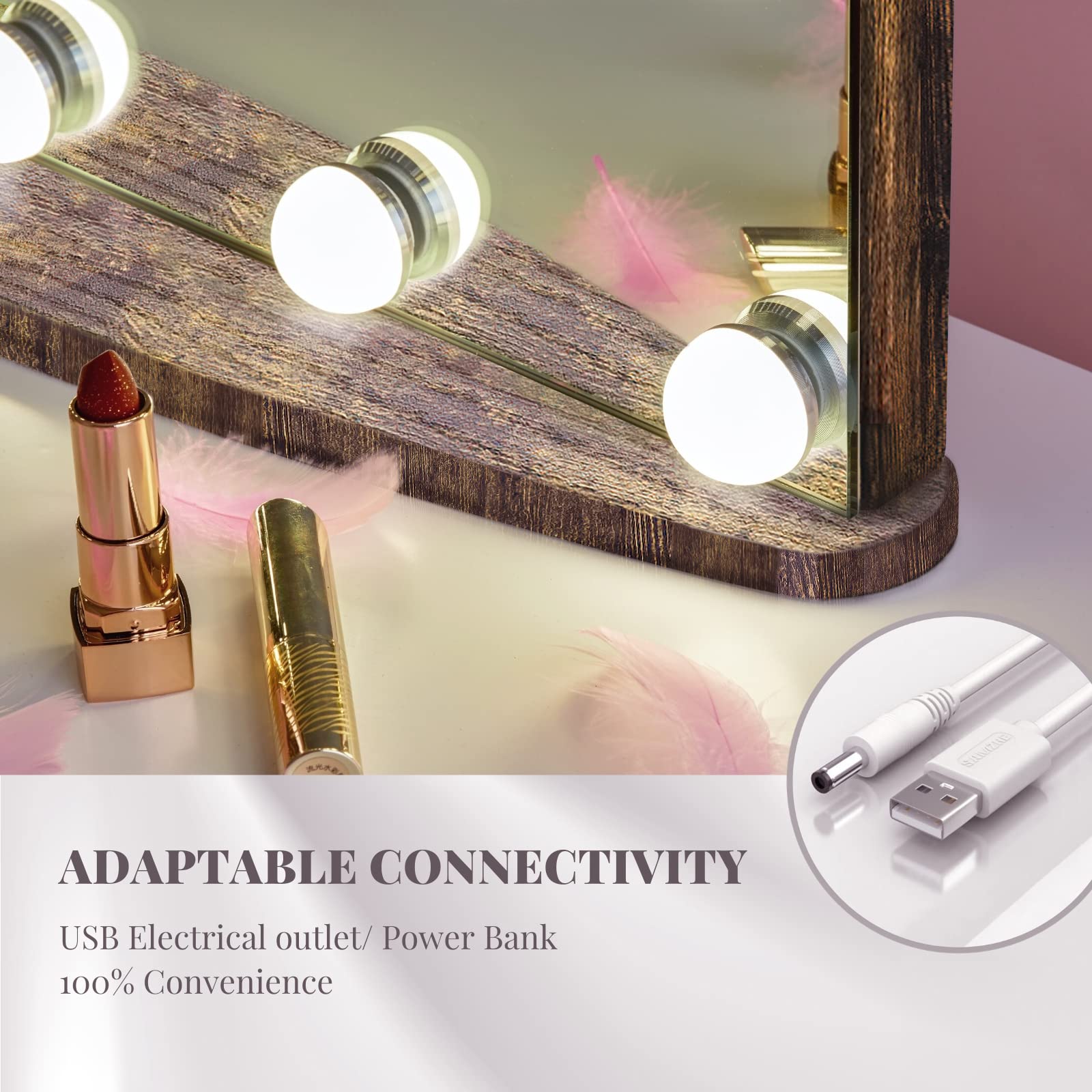 LUXFURNI Hollywood Vanity Mirror with 18 LED Lights - Large Lighted Makeup Mirror for Tabletop or Wall Mount, Rustic Brown (26