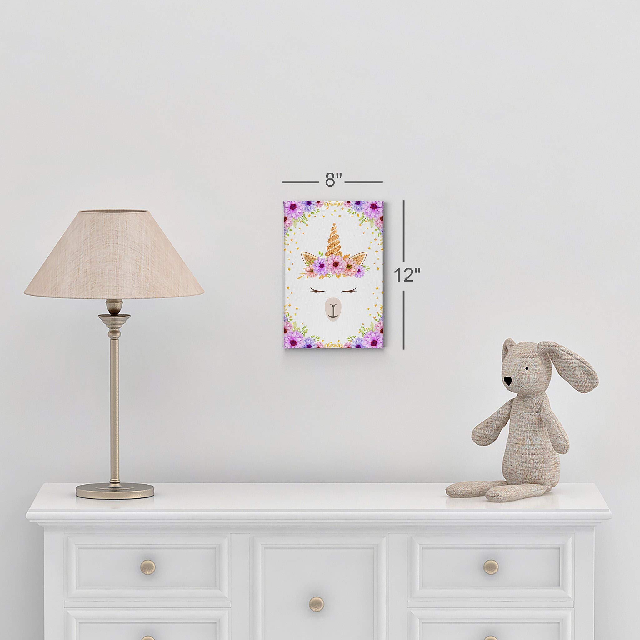 Smile Art Design Cute Unicorn Wall Art Canvas Print - Purple Floral Background Ready to Hang Nursery Decor, Kids Room Decor, Baby Gift - 40x30 Inches Made in USA | Perfect for Children's Bedroom, Playroom & Birthday Presents