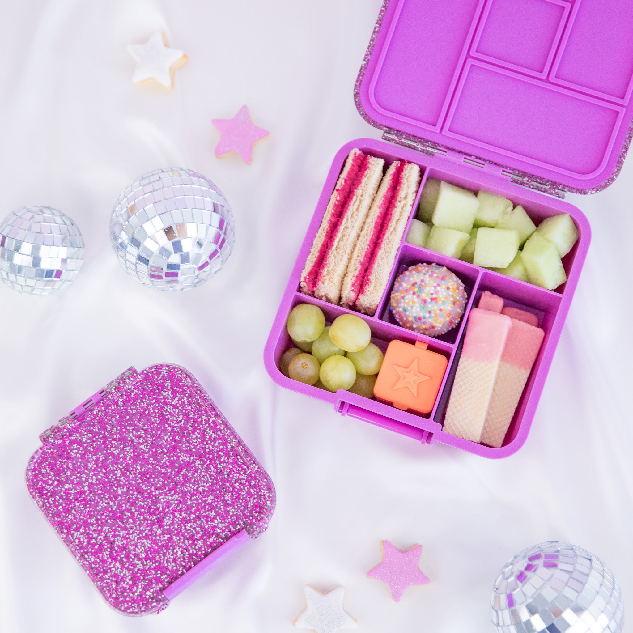 Montii.Co Bento 5 Lunch Box - Magenta Glitter Insulated Food Container for Kids & Adults | Perfect for School, Work, Picnics & Meal Prep