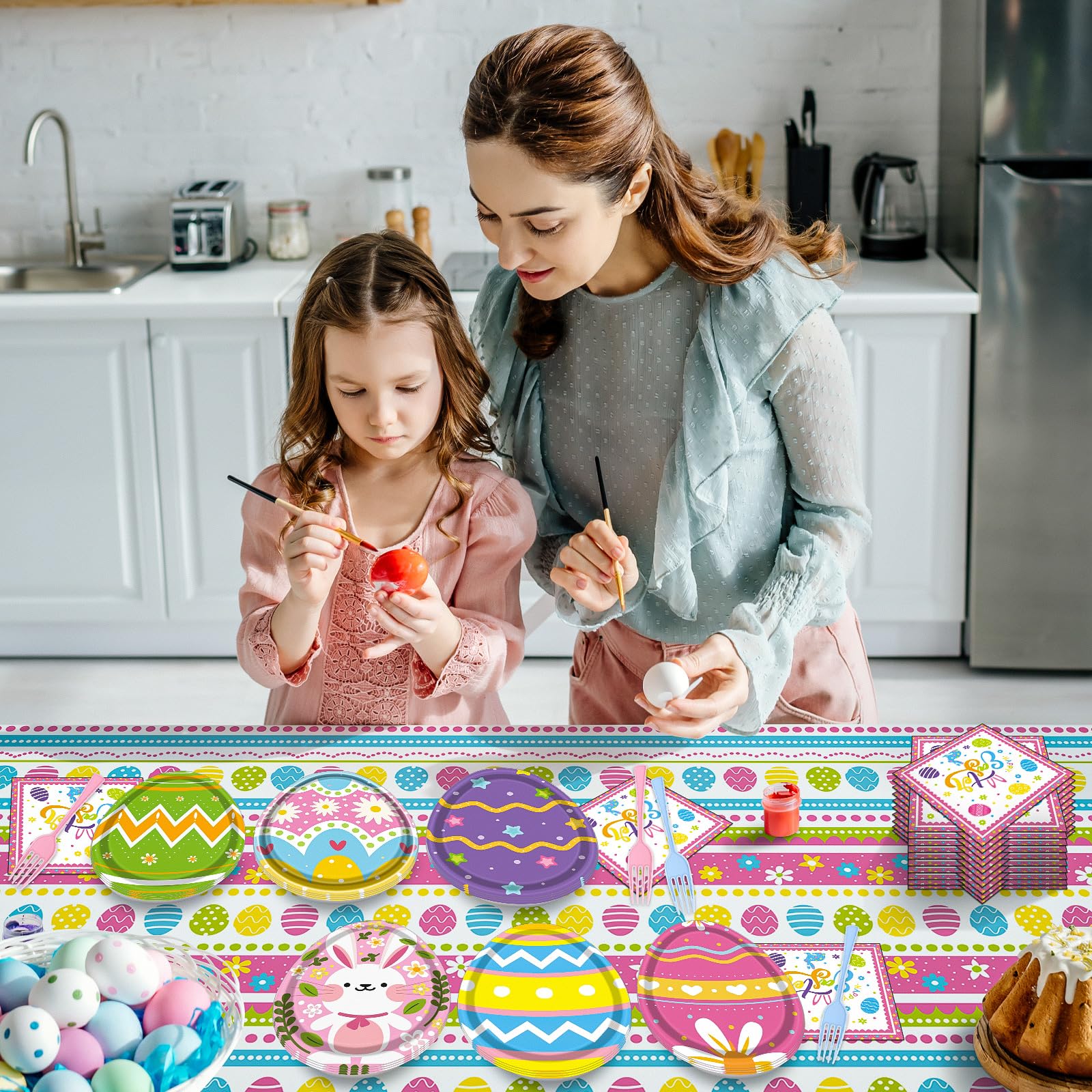 24-Piece Easter Party Supplies Set - Disposable Plates, Napkins, Forks & Tablecloth | Bunny & Egg Themed Paper Tableware for Easter Dinner Decorations | Perfect for Easter Brunch, Family Gatherings & Holiday Celebrations