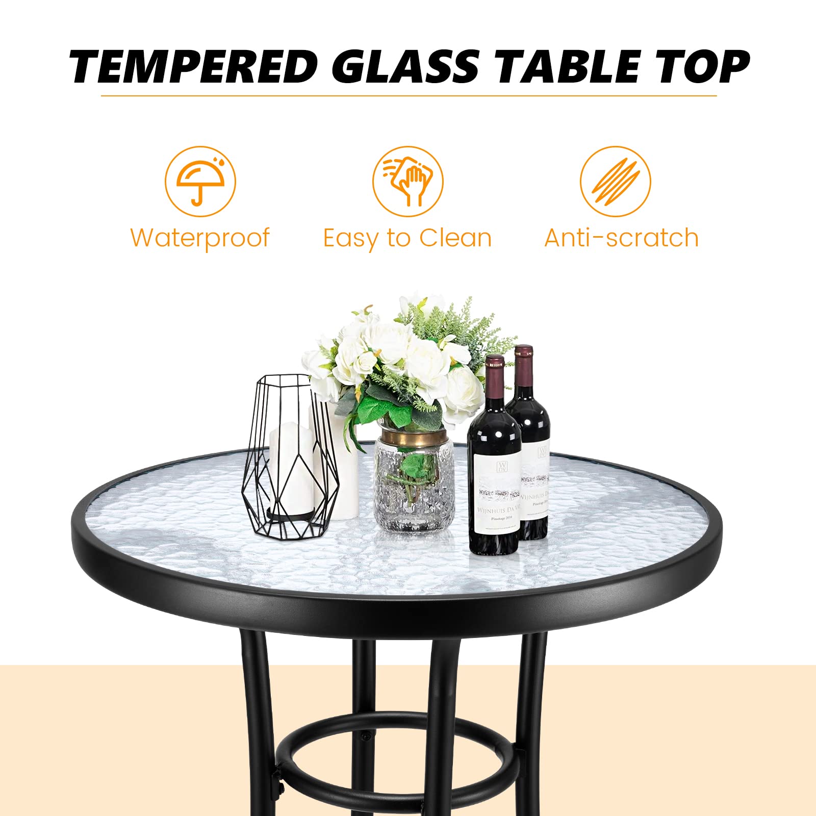 Outdoor Bar Height Bistro Table - 36 Inch Round Tempered Glass Patio Dining Table with Sturdy Steel Frame, Weather-Resistant Black Patio Furniture for Backyard, Lawn, Balcony, Poolside | Perfect for Outdoor Entertaining, BBQ Parties & Relaxing with Drinks