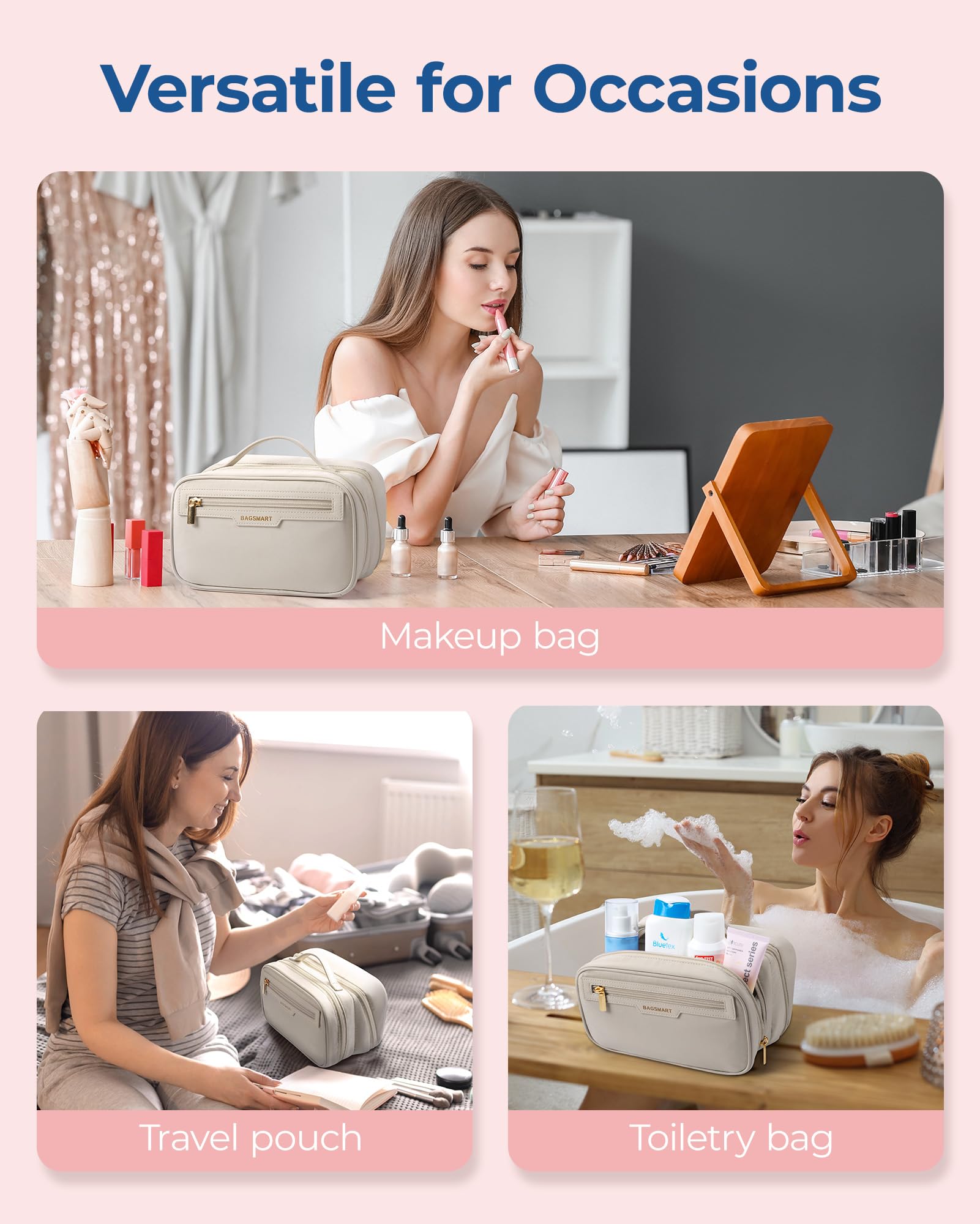 BAGSMART Large Travel Makeup Bag for Women - Spacious Cosmetic Organizer with Wide Opening, Perfect for Travel Essentials, Toiletries, Brushes & Bottles (Warm Gray) - Ideal for Vacation, Business Trips & Daily Use