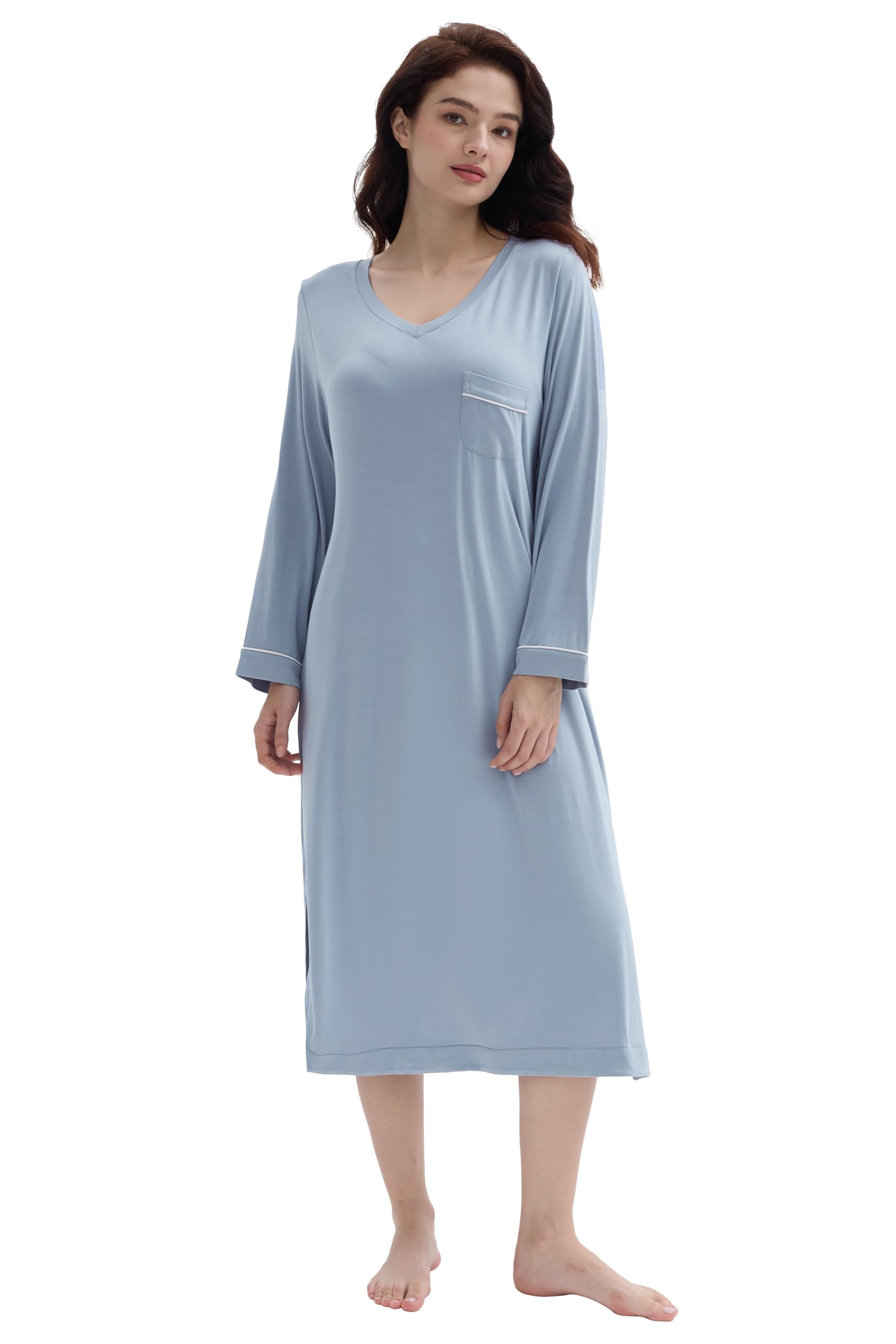 Joyaria Women's Soft Long Sleeve Nightgown - Bamboo Viscose V-Neck Sleep Shirt - Moisture Wicking Comfortable Sleepwear S-XXL - Perfect for Relaxing at Home, Lounging & Overnight Stays