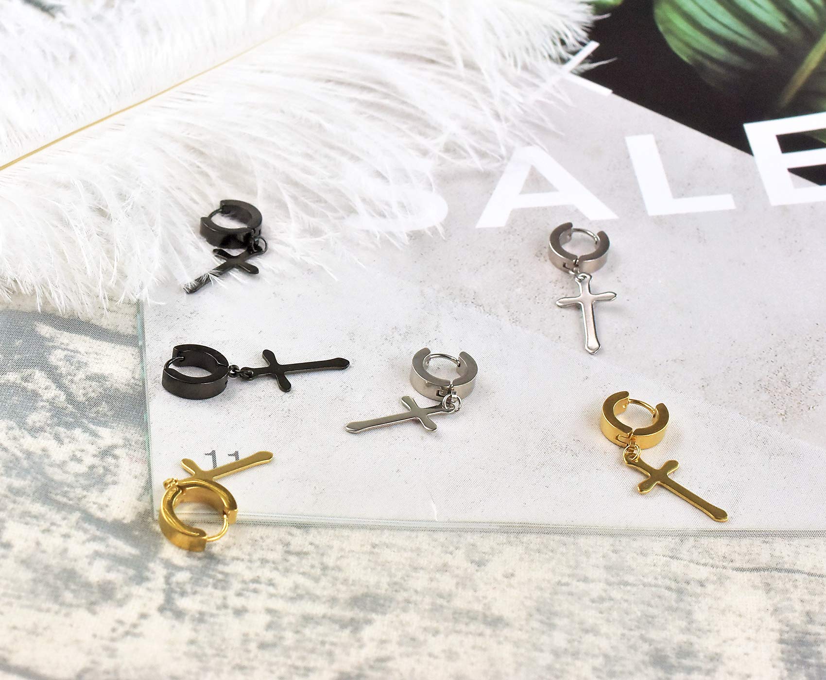 Stainless Steel Cross Earrings for Men & Women - Gold, Black, Silver Hoop Huggie Drop Dangle Earrings - Hypoallergenic Piercing Jewelry Set for Him & Her - Perfect for Gifts, Parties, and Everyday Wear