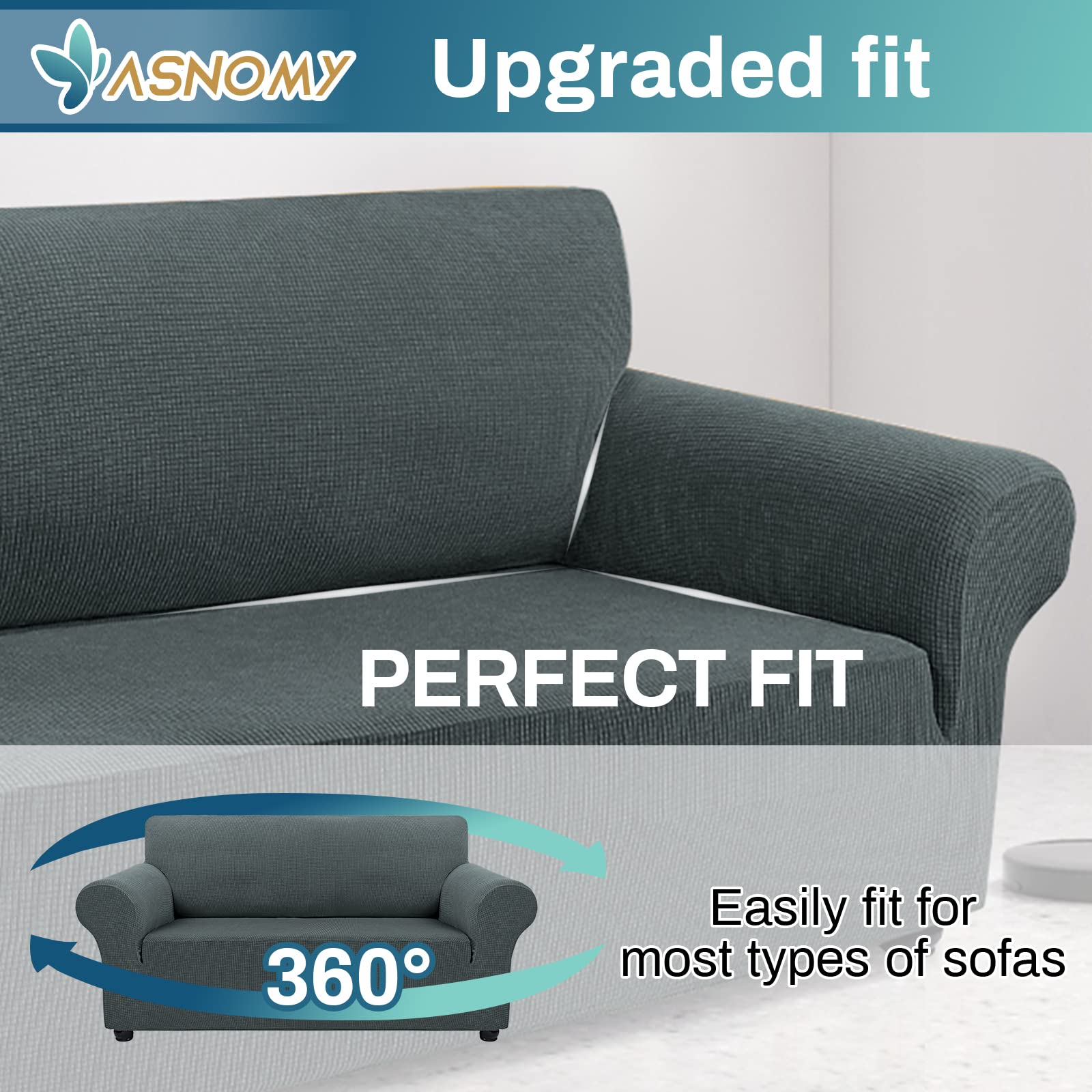 Stretchable Loveseat Slipcovers for 2-Cushion Couches - Pet Proof Sofa Covers with Jacquard Fabric in Small Checks (Medium Size, Gray) - Perfect for Living Room, Apartment & Pet-Friendly Homes