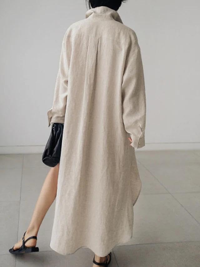 Women's Cotton Linen Long Sleeve Shirt Dress - Spring Summer Casual Midi Dress with Western Buttons | Elegant Office Wear, Weekend Brunch & Date Night Outfits