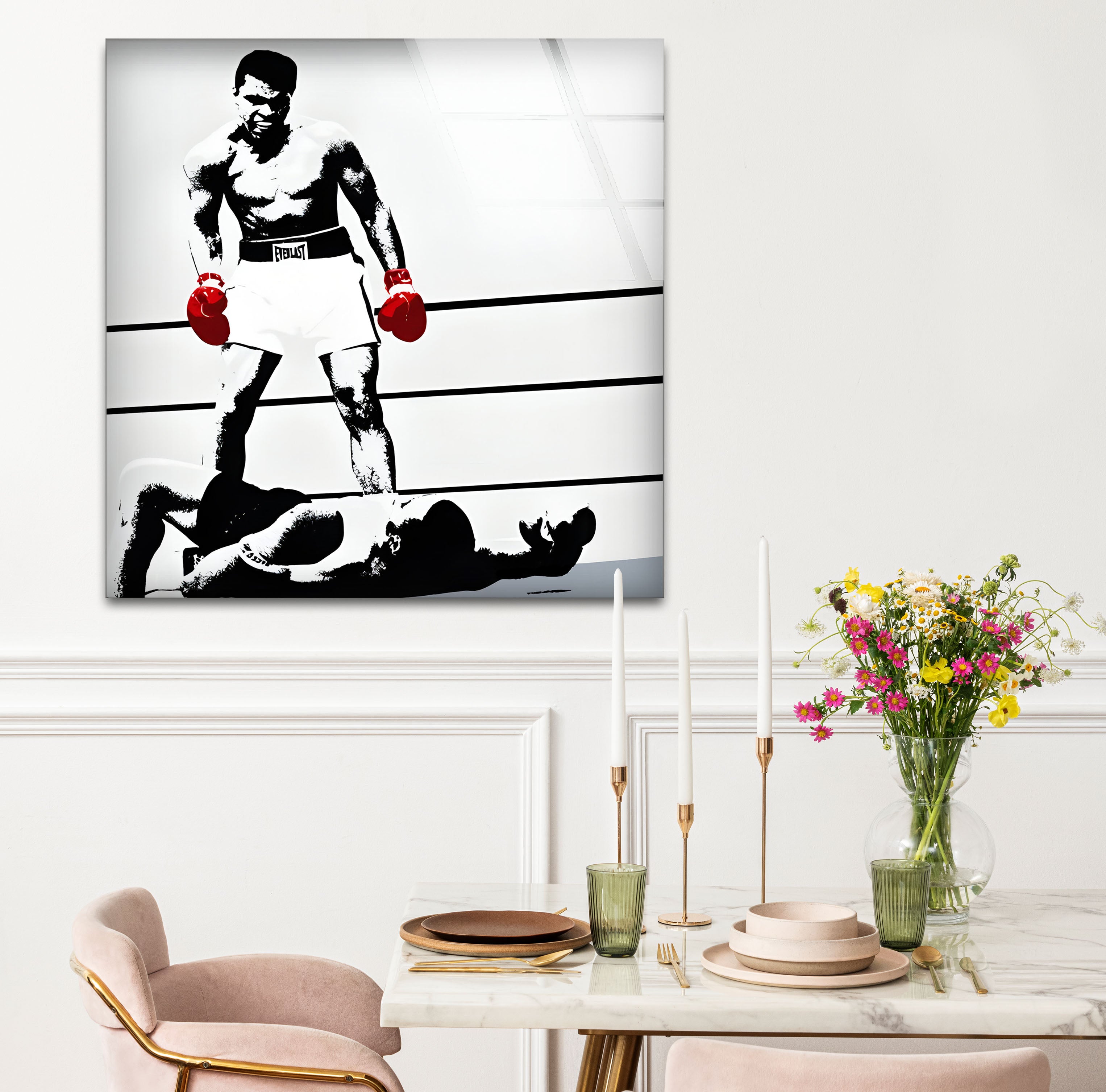 Muhammad Ali Glass Wall Art - Black & White Boxing Decor for Home, Gym & Office | High-Quality Printed Glass Panel