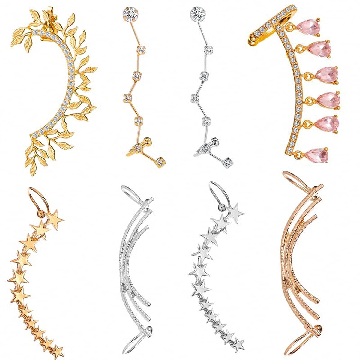 Sparkling Star & Leaf Shaped Rhinestone Ear Cuffs for Women - Elegant Water Drop Crystal Earrings for Parties, Weddings & Special Occasions