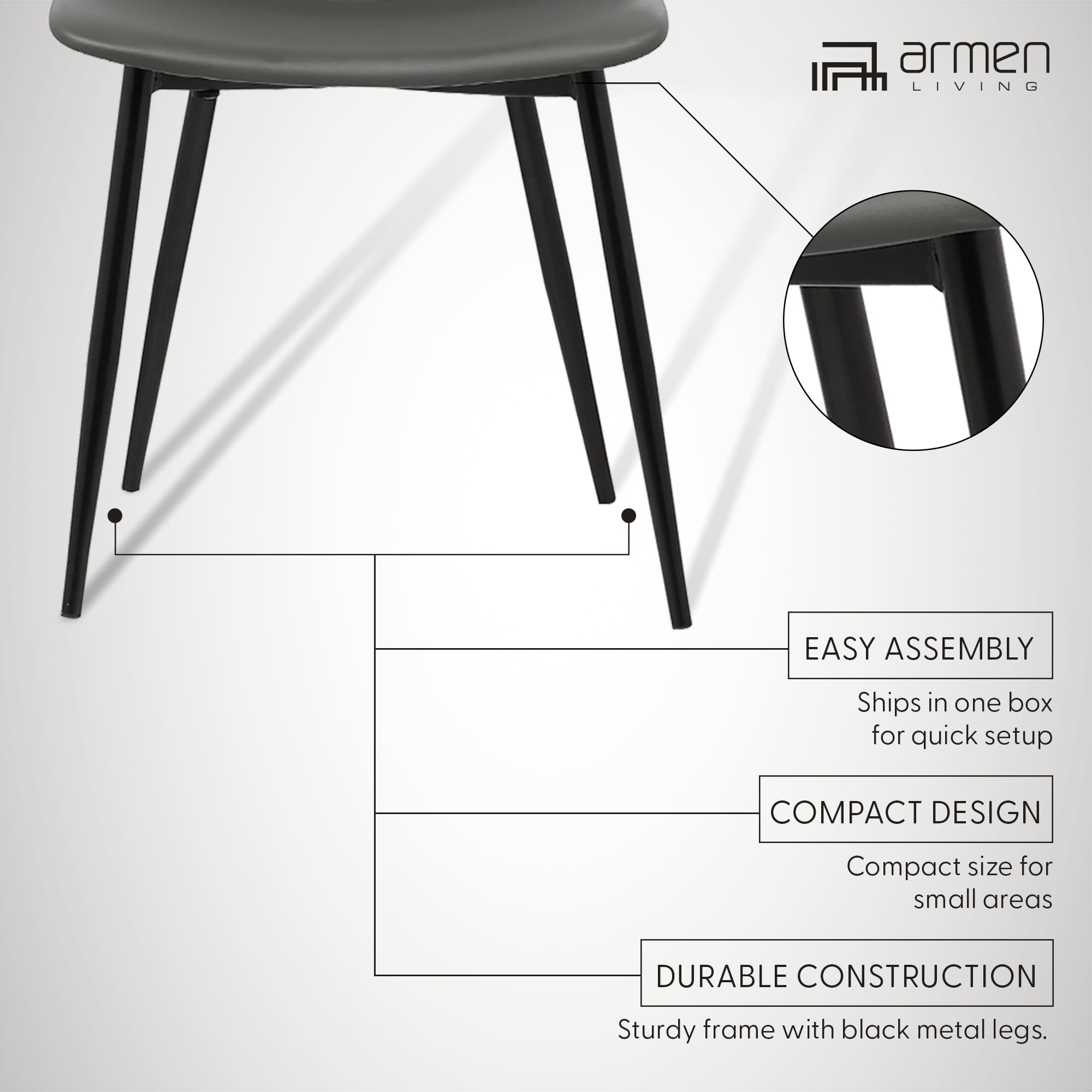 Armen Living Monte Mid Century Modern Dining Chair - Charcoal Gray Faux Leather with Black Metal Legs - Perfect for Kitchen, Dining Table, Home Office Desk & Vanity Area