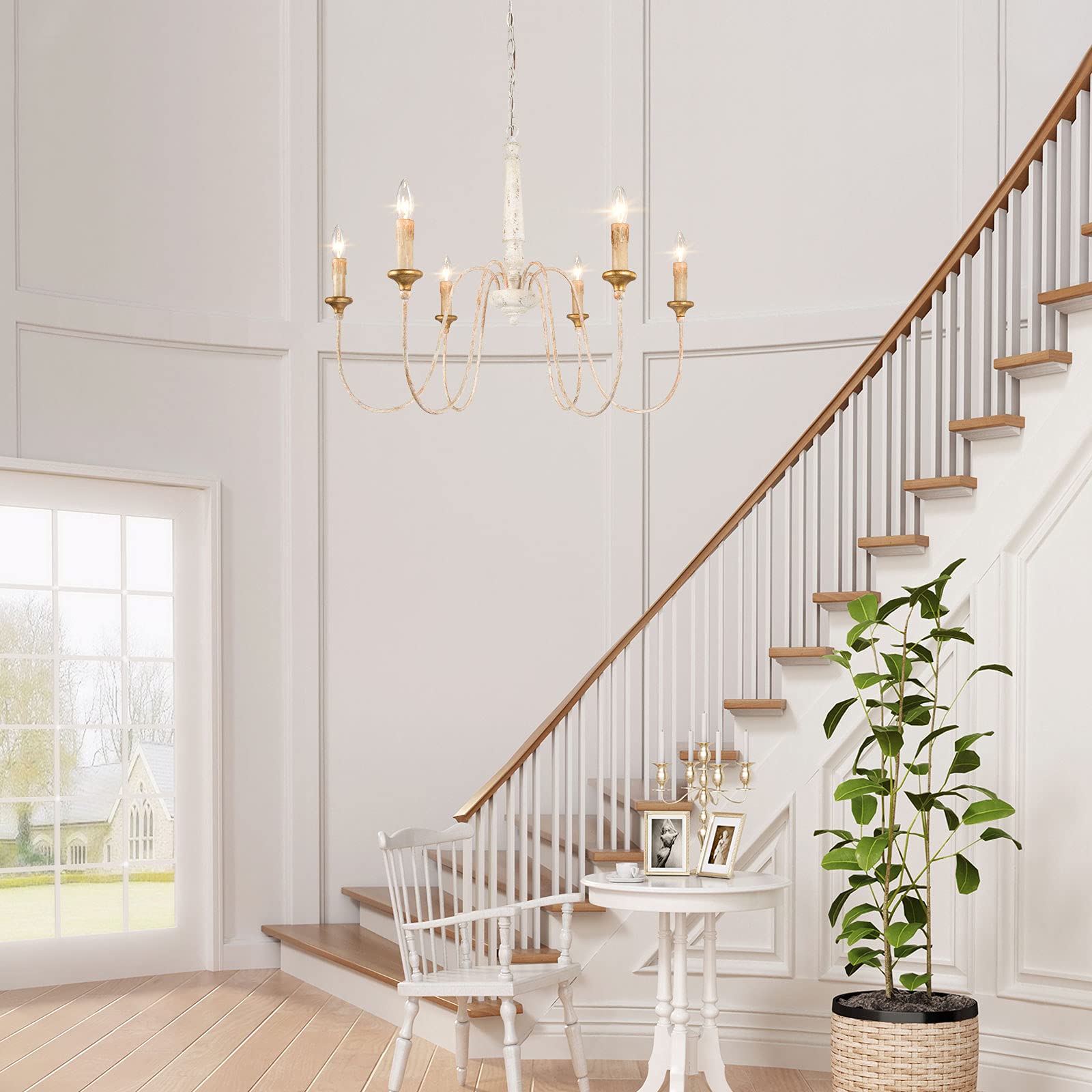 Farmhouse Chandelier - 6-Light French Country Wood Ceiling Light Fixture in Distressed White Finish, 30.5” Diameter x 25.5” Height - Perfect for Dining Room, Living Room, Kitchen Island or Entryway Lighting
