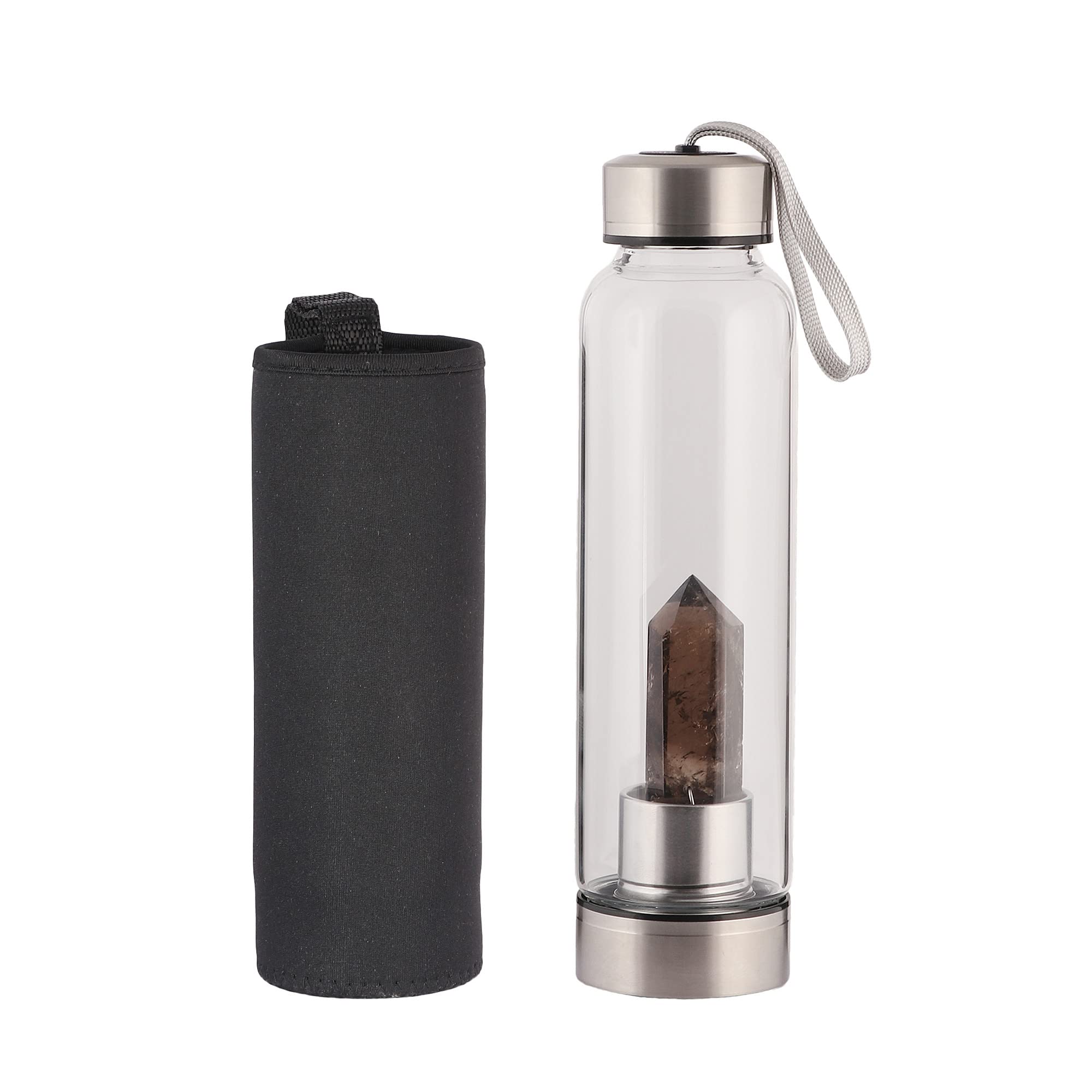 GEMHUB Crystal Glass Water Bottle with Natural Smoky Quartz Gemstone - Healing Crystal Point Wand for Energy, Reiki & Meditation - Perfect for Yoga, Office & Home Use