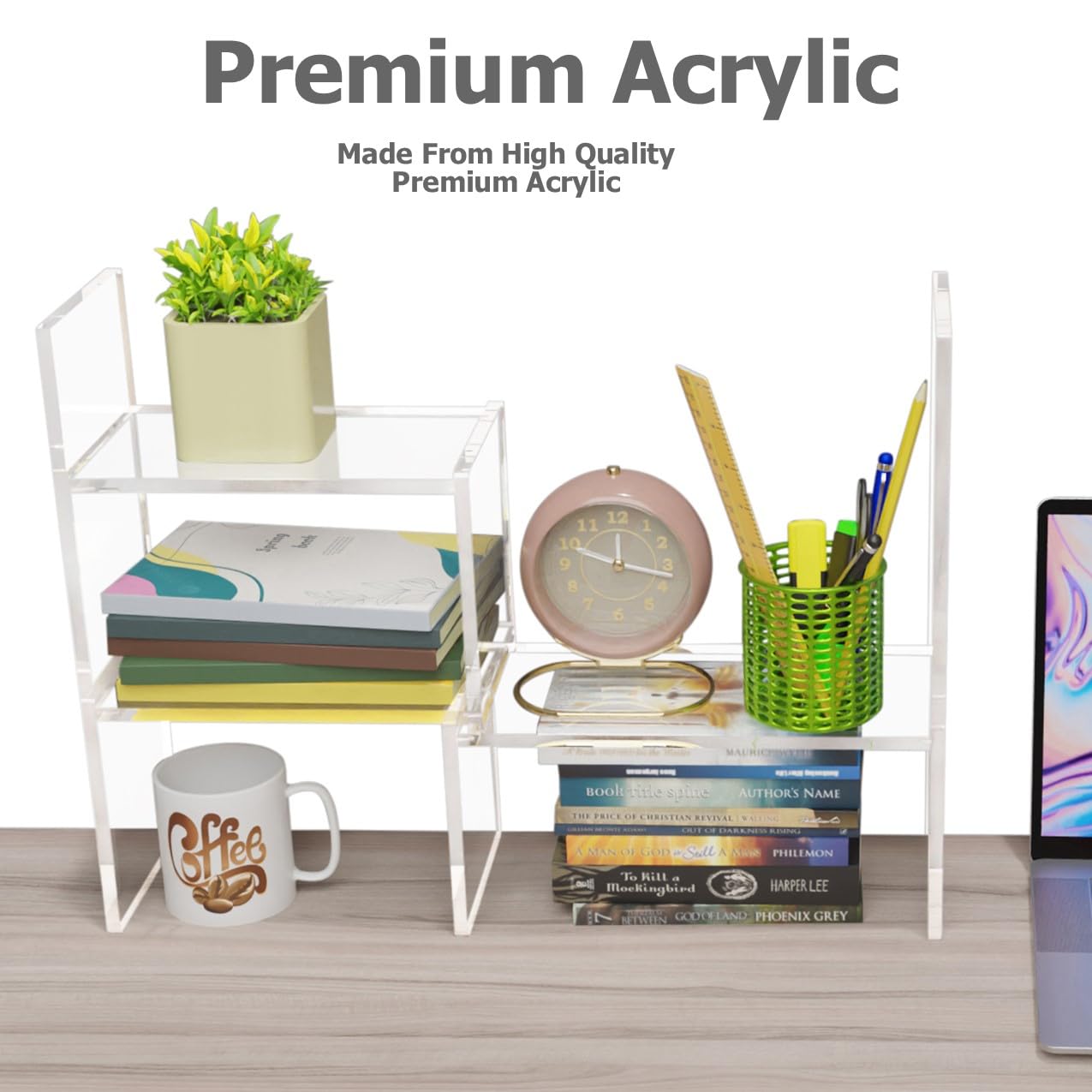 Adjustable Acrylic Desk Shelf Organizer - Clear Desktop Bookshelf for Office, Study & Home - Premium Tabletop Storage Solution for Books, Supplies & Decor