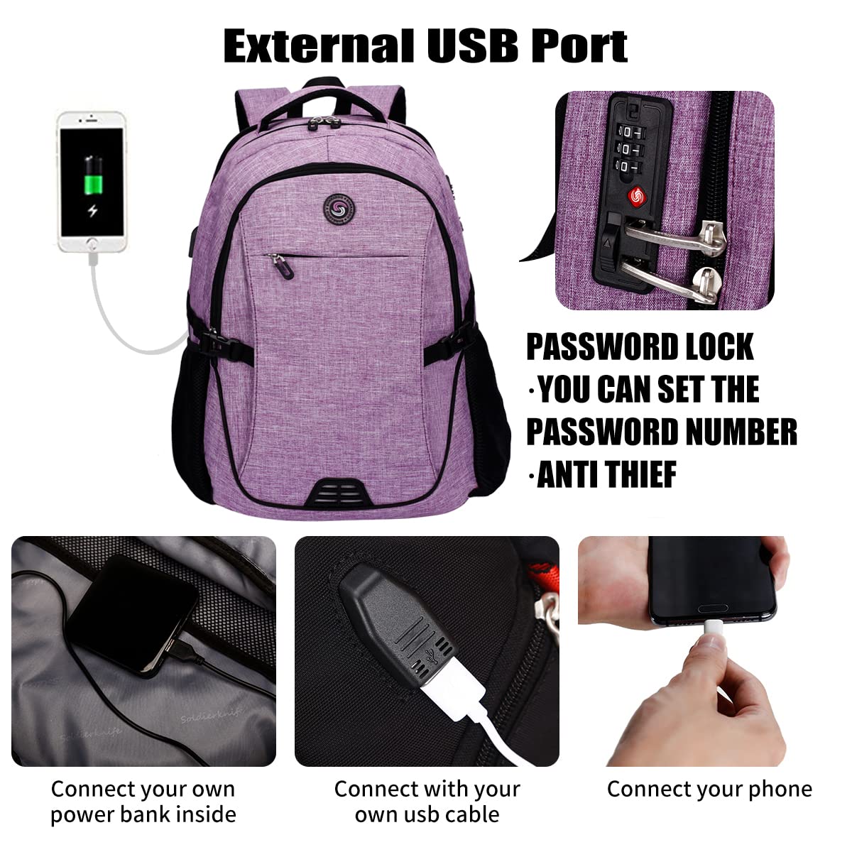 Shradoo Anti-Theft Laptop Backpack with USB Charging Port - Water-Resistant Travel Backpack for Men & Women, College Student Backpack Fits 17 Inch Laptop (Purple) - Perfect for Work, School, Business Trips & Airplane Travel