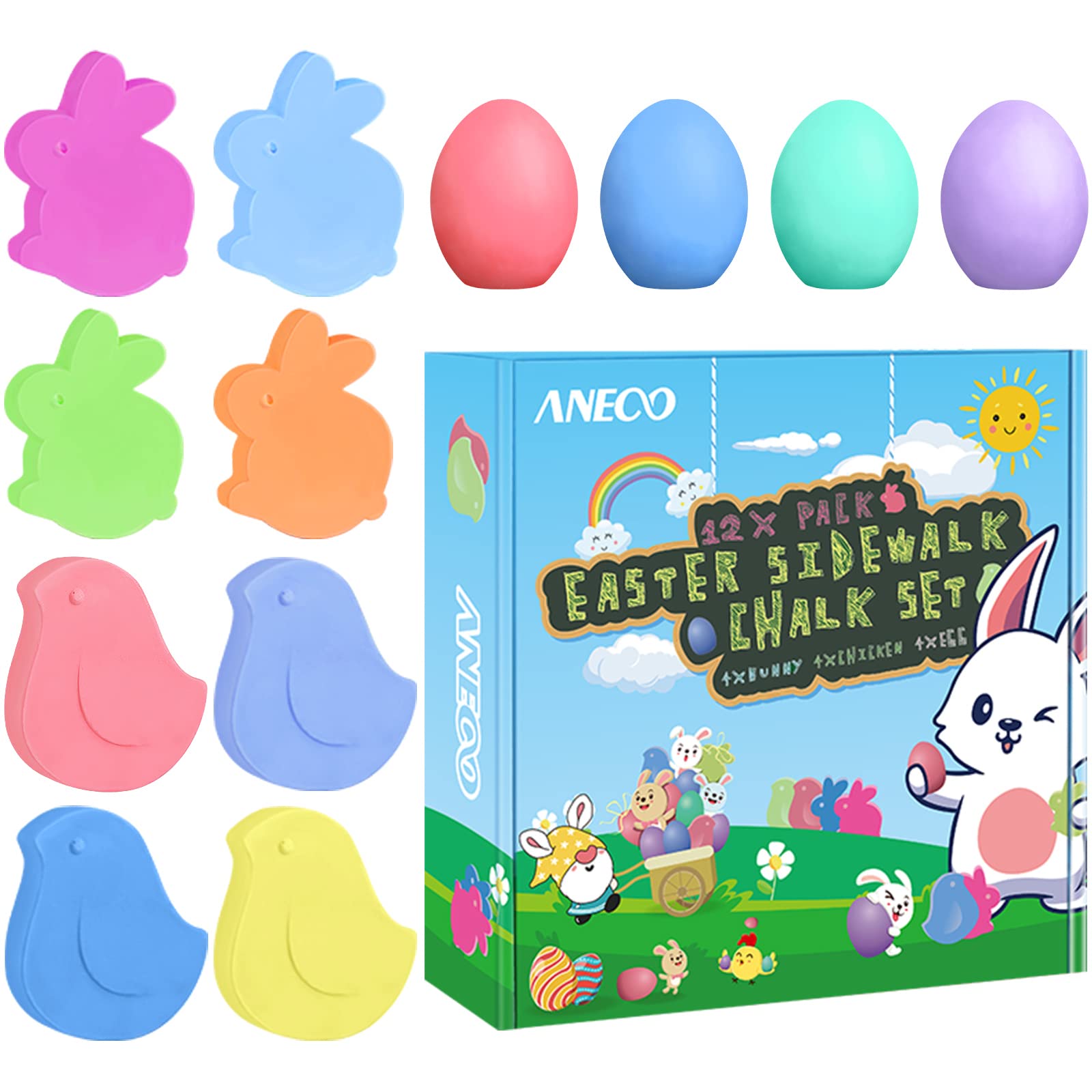 12-Piece Easter Sidewalk Chalk Set - Cute Rabbit & Chick Egg Designs | Washable Non-Toxic Art Chalk for Kids | Perfect for Easter Gifts, Party Favors & Outdoor Play | Great for Easter Egg Hunts, Garden Decor & Spring Celebrations