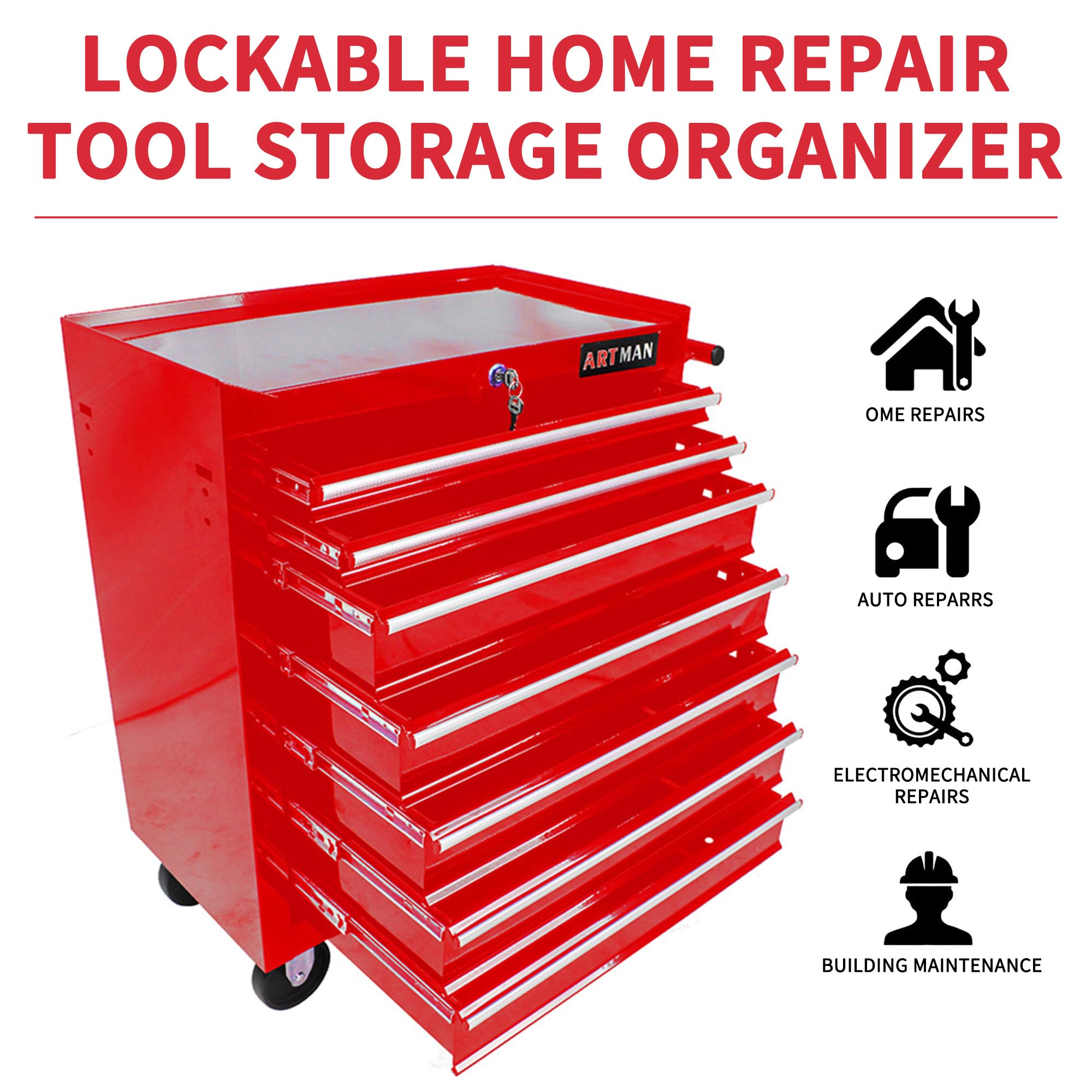 7-Drawer Rolling Tool Cart with Locking Wheels - 24.2