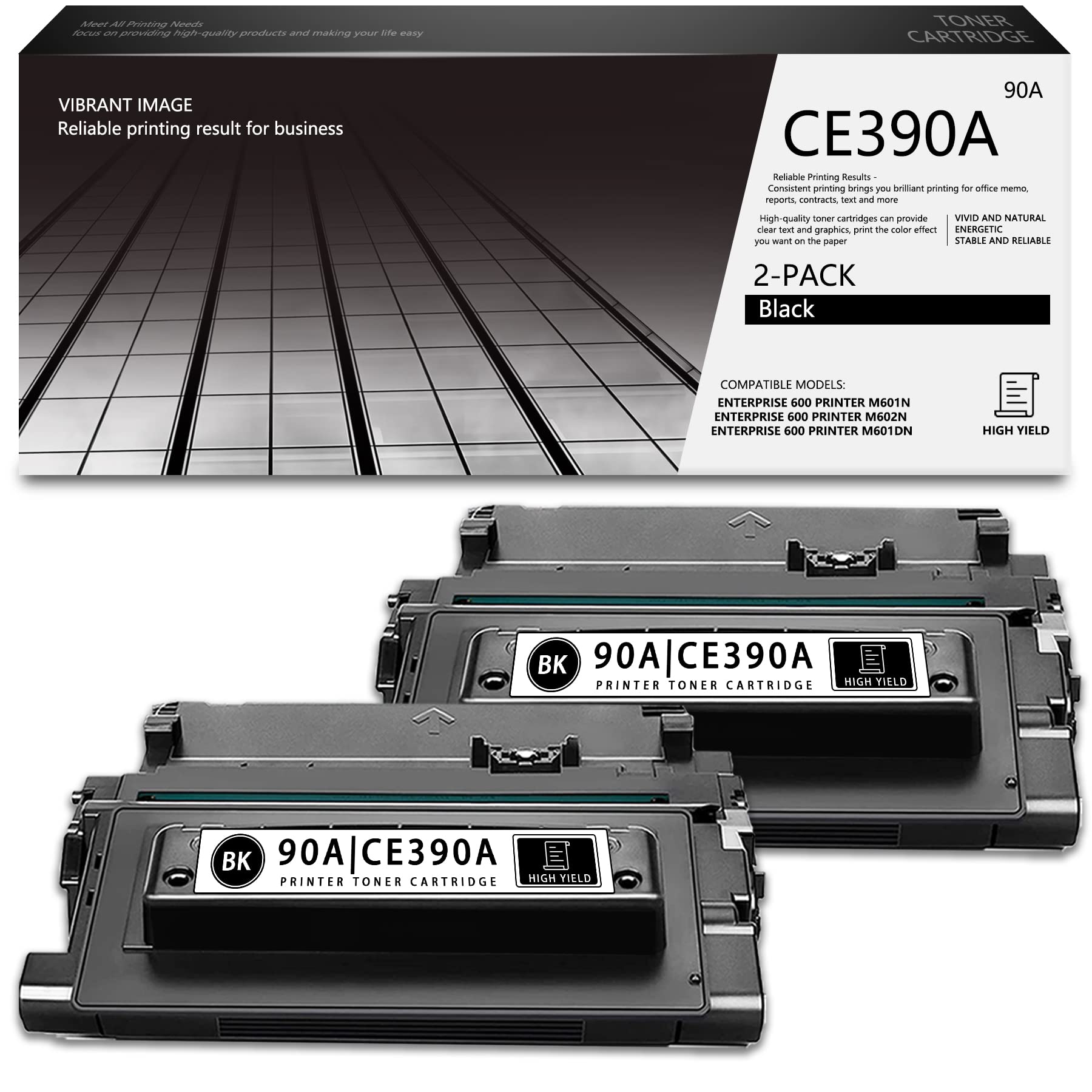 2-Pack Black 90A CE390A Compatible Toner Cartridge Replacement for HP Enterprise 600 M601n M602n M602dn M601dn M602x M603n M603dn M4555h M4555f M4555 M603xh MFP Printers - High Yield 10,400 Pages - Ideal for Office & Business Printing Needs