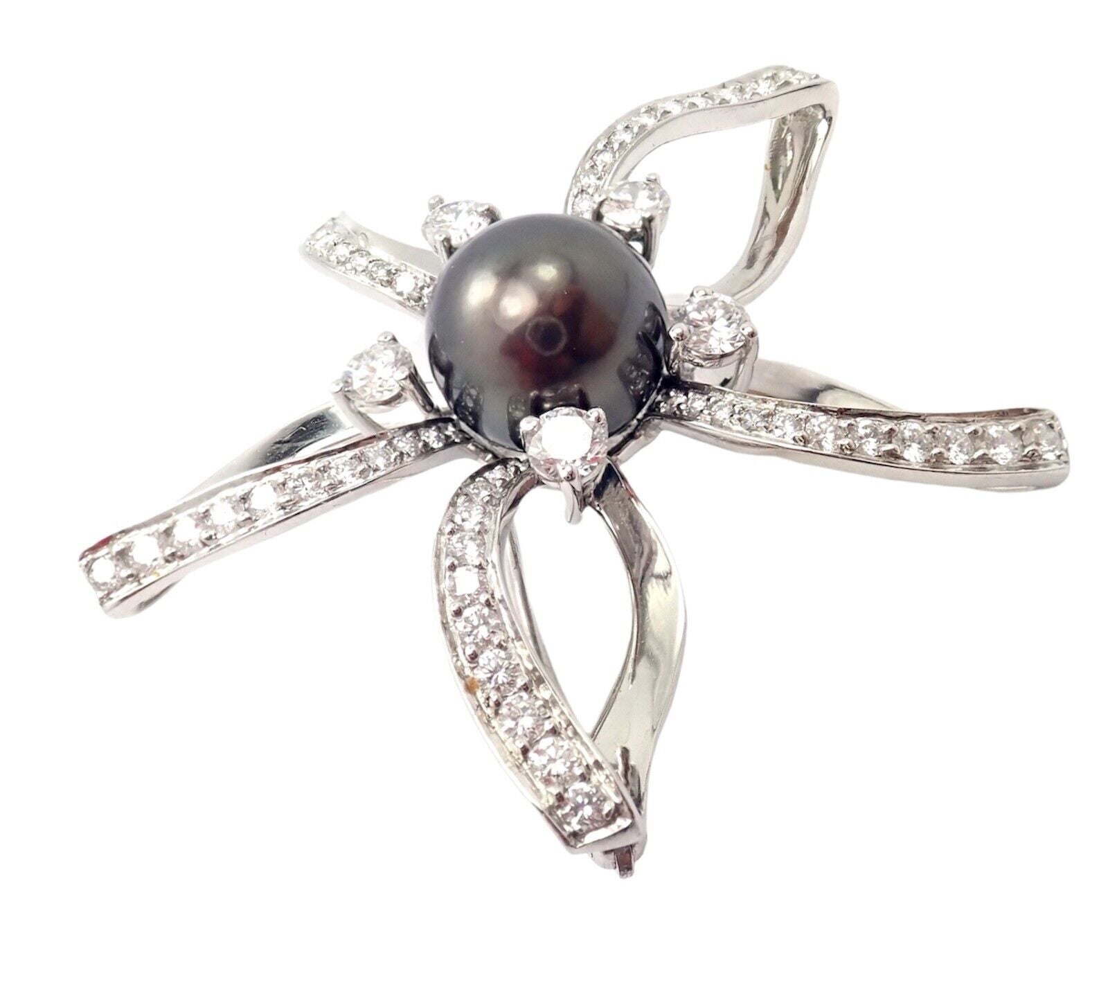 Authentic Mikimoto Platinum Diamond Tahitian South Sea Pearl Brooch Pin - Luxury Pearl Jewelry for Women, Elegant Gift for Special Occasions, Perfect for Weddings, Anniversaries and Formal Events