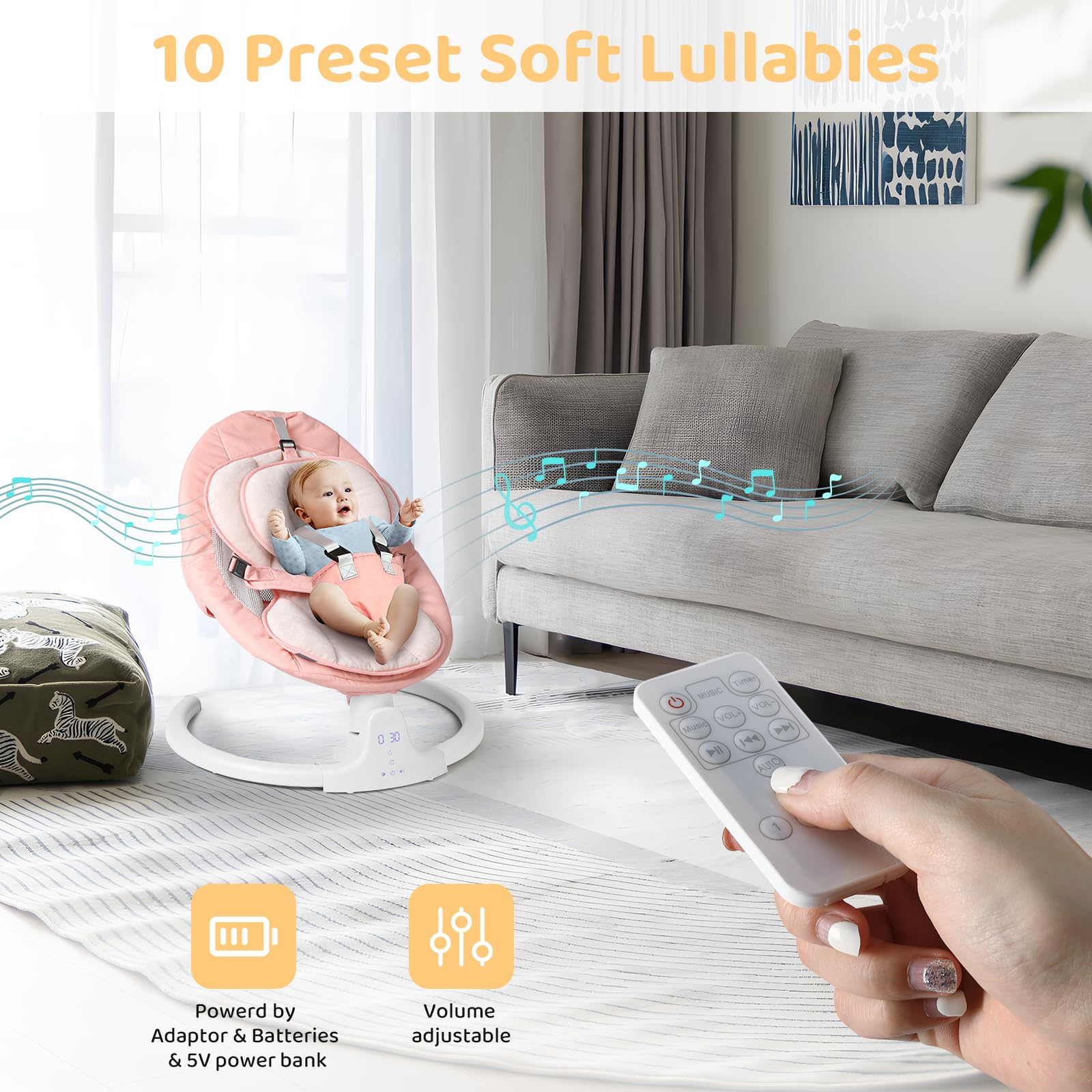 Baby Swing for Infants - 5-Speed Adjustable Rocker with 10 Soothing Lullabies, 5-Point Safety Harness & Remote Control | Includes 3 Hanging Toys (Pink) | Perfect for Nursery, Daycare & Soothing Fussy Babies to Sleep