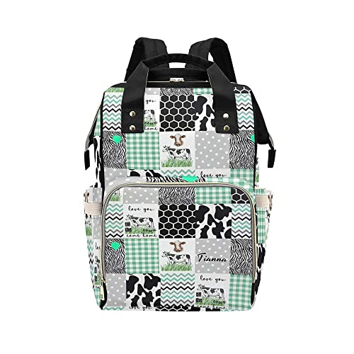 Waterproof Cow Print Diaper Bag for Moms - Farm Animal Patchwork Nursing Backpack with Name, Baby Tote Bag for Women | Perfect for Daycare, Travel & On-the-Go Parenting