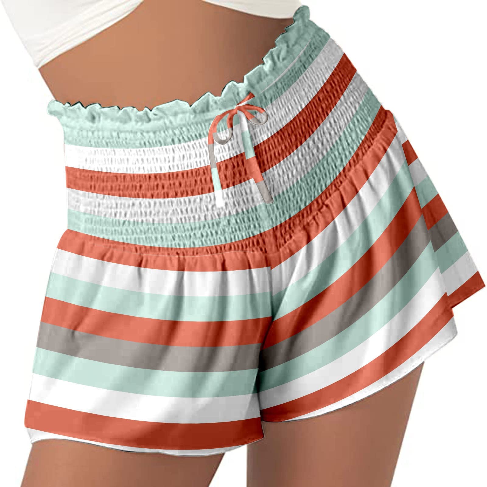 Women's High Waisted Shorts - Smocked Striped Floral Casual Summer Shorts for Running, Yoga & Athletic Wear | Perfect for Workouts, Beach & Lounge