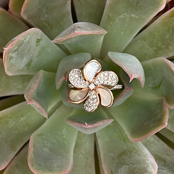 14K Rose Gold Mother of Pearl & Diamond Pave Flower Cocktail Ring - Elegant Jewelry for Parties, Weddings & Special Occasions