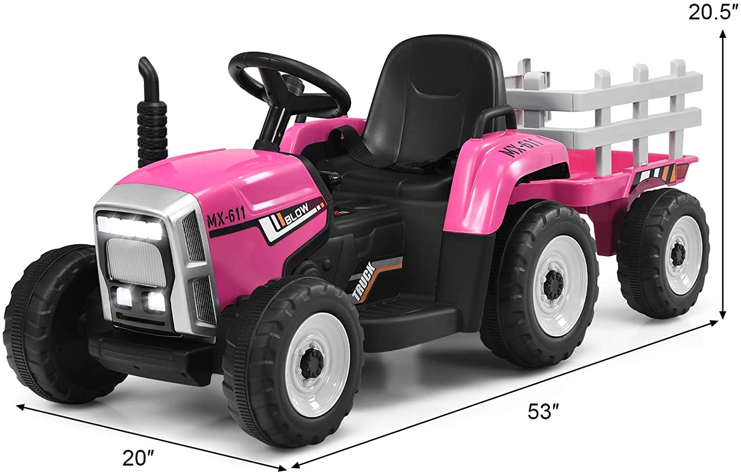 GLACER 12V Battery Powered Kids Ride on Tractor with Trailer - Remote Control Electric Toy Car with 3-Speed Gear Shift, LED Lights, Music & USB Port - Pink Ground Loader Tractor for Outdoor Play, Backyard Fun & Birthday Gifts for Toddlers Ages 2-5 Years