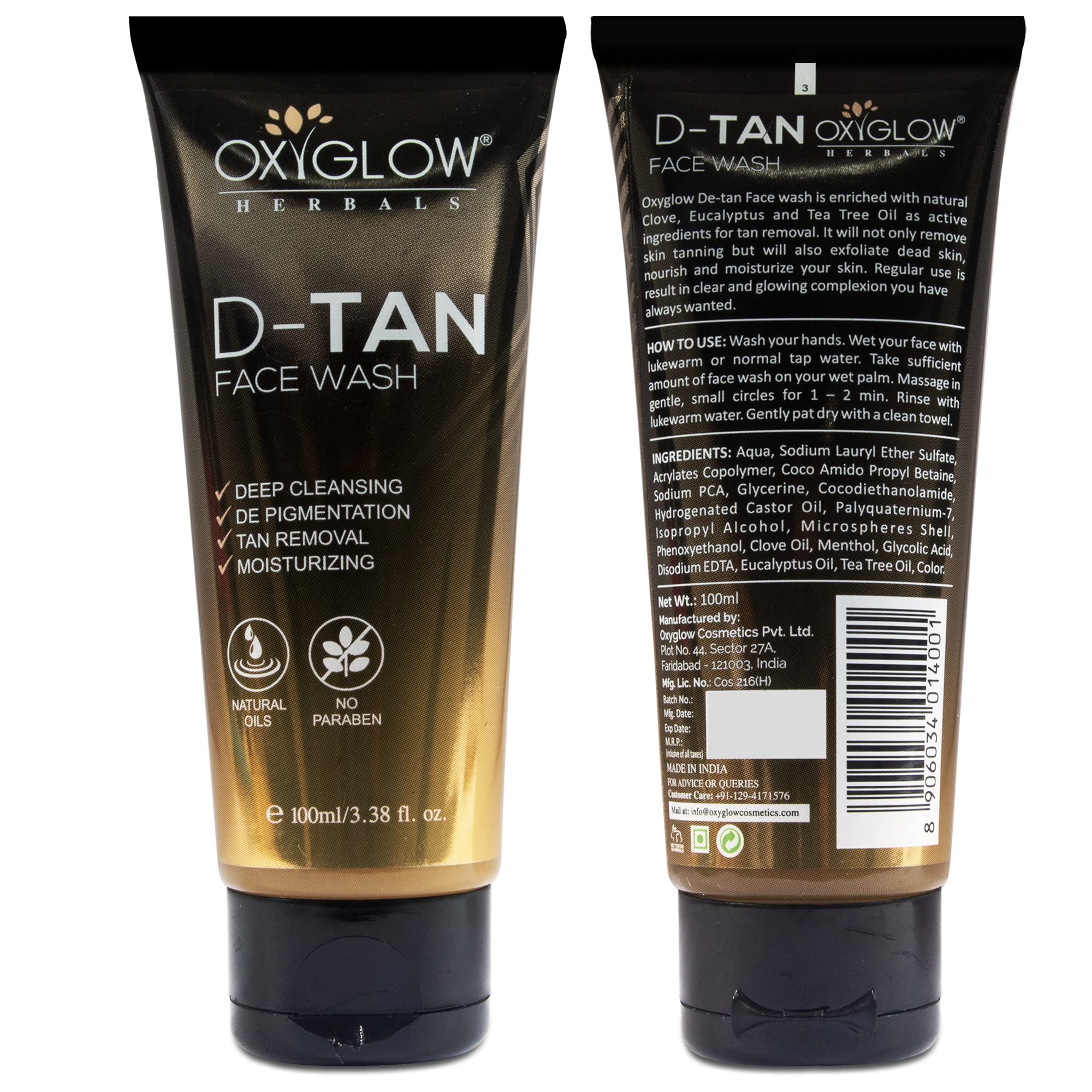 OxyGlow Herbals D-TAN Face Wash 100g - Brightening & Glowing Skin, Deep Cleansing, Tan Removal, Moisturizing | For All Skin Types | Helps Remove Dirt, Control Excess Sebum, Hydrate & Nourish Skin | Perfect for Daily Skincare Routine & Post-Sun Care