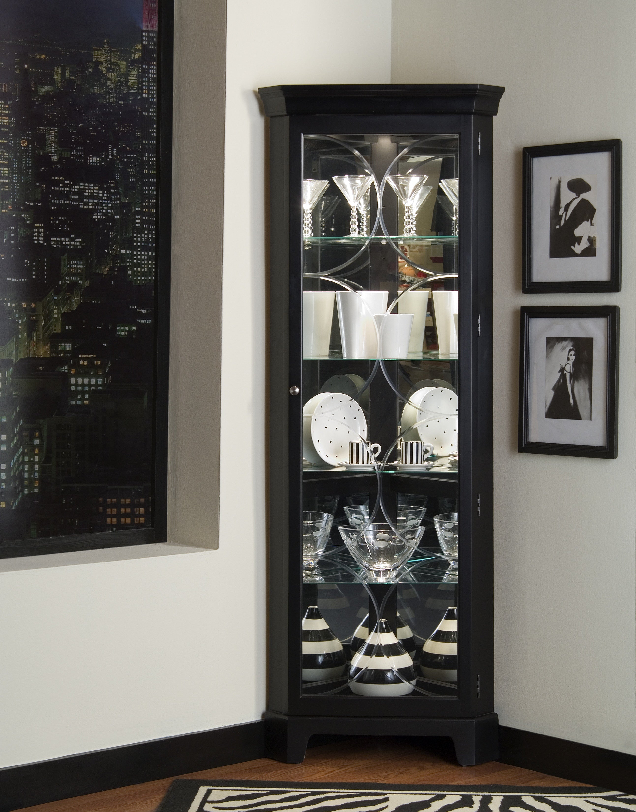 Black Etched Corner Curio Cabinet - Elegant Glass Display Case for Collectibles & Home Decor | Perfect for Living Room, Bedroom, or Office
