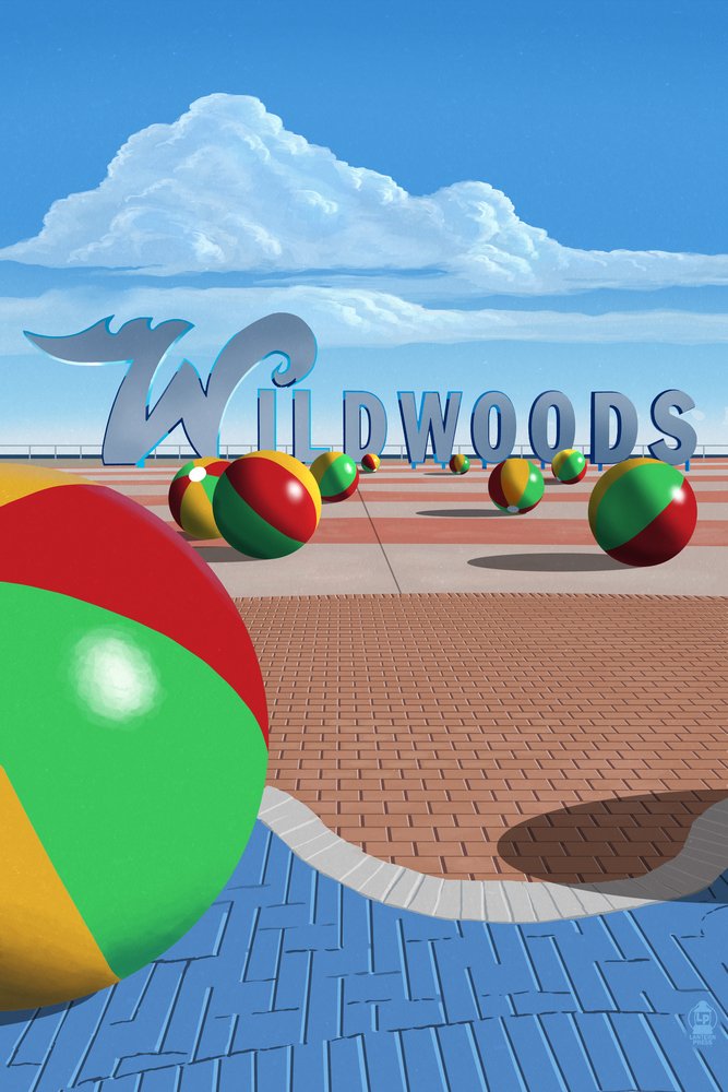 Wildwood New Jersey Beach Balls & Sign 44714 - 24x36 Signed Art Print Poster - Coastal Wall Decor for Beach House, Bathroom & Summer Themed Rooms