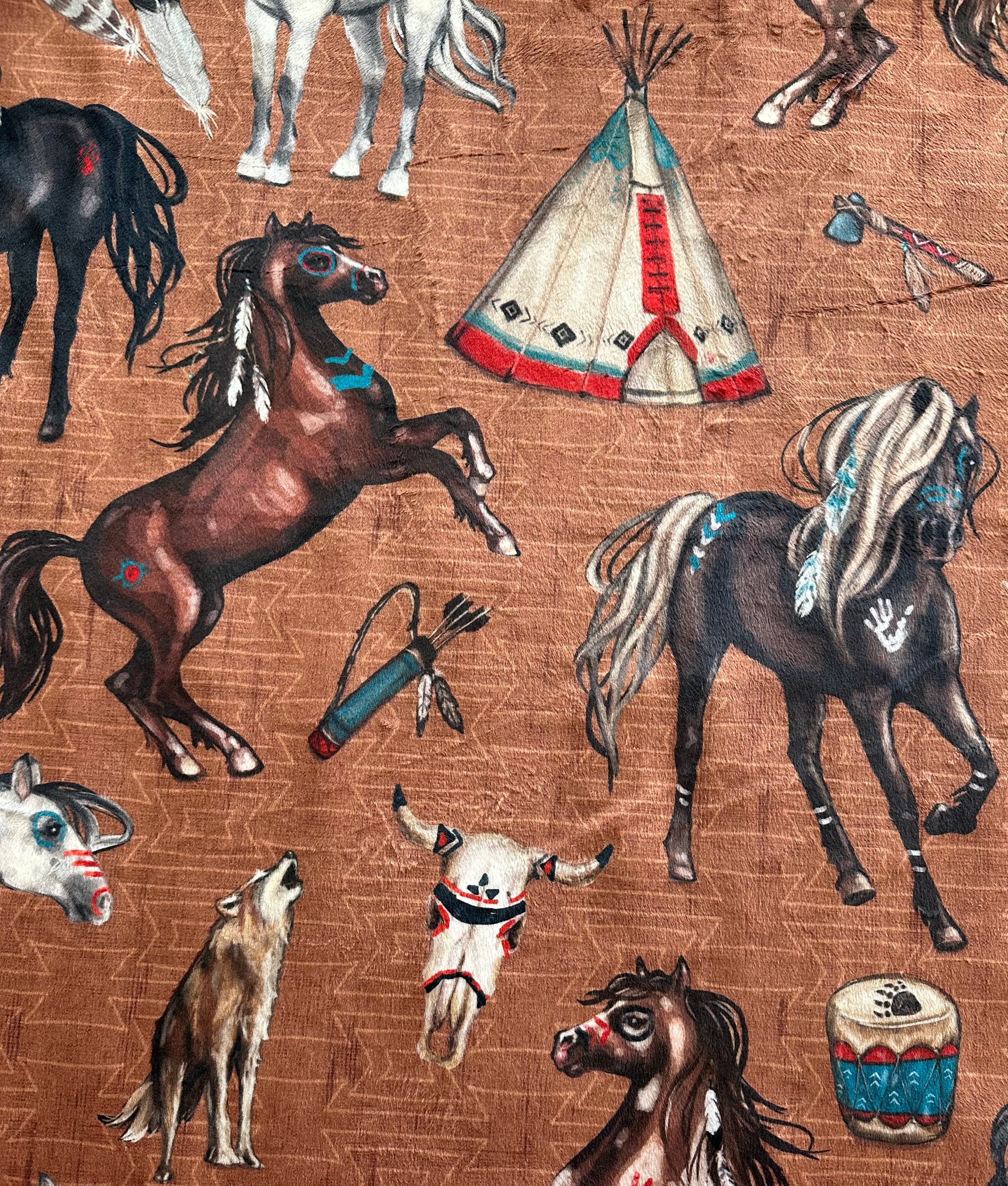 Premium Native American Horses Design Silver Fox Large 54x79 Inch Minky Blanket (Brown) - Ultra Soft & Cozy for Bedroom, Living Room, or Gift Giving - Spoonflower High Quality Fabric